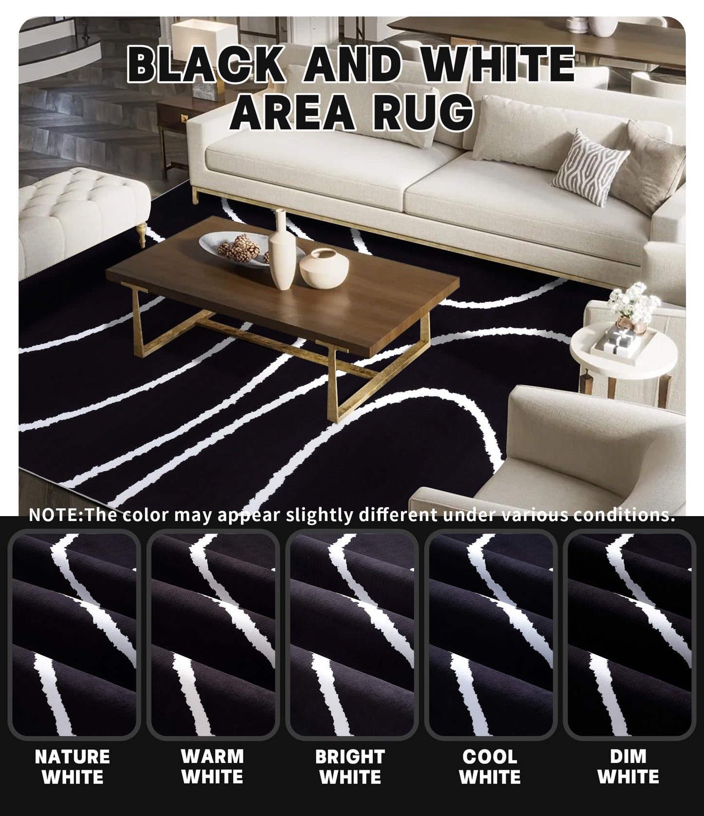 YIHOUSE Black Modern Area Rugs 9x12,Large Black and White Rugs for Living Room,Wave Washable Rug 9x12,Thin Abstract Geometric Rug,Minimalist Striped Rugs for Bedroom,Office
