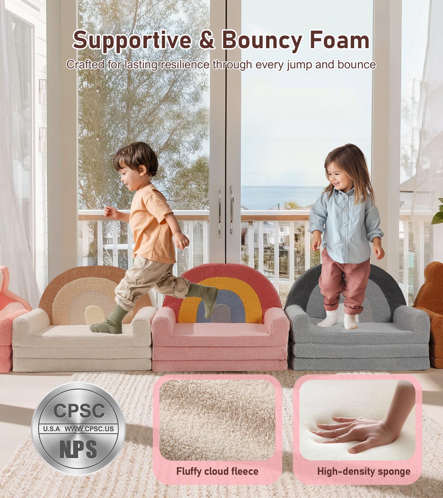 little dove Extra Wide Soft Kids Couch Fold Out, 2-in-1 Kids Couch, Convertible Kid Sofa, Kid Furniture for Playroom, Ideal Gifts for Boys & Girls Ages 3+, Beige