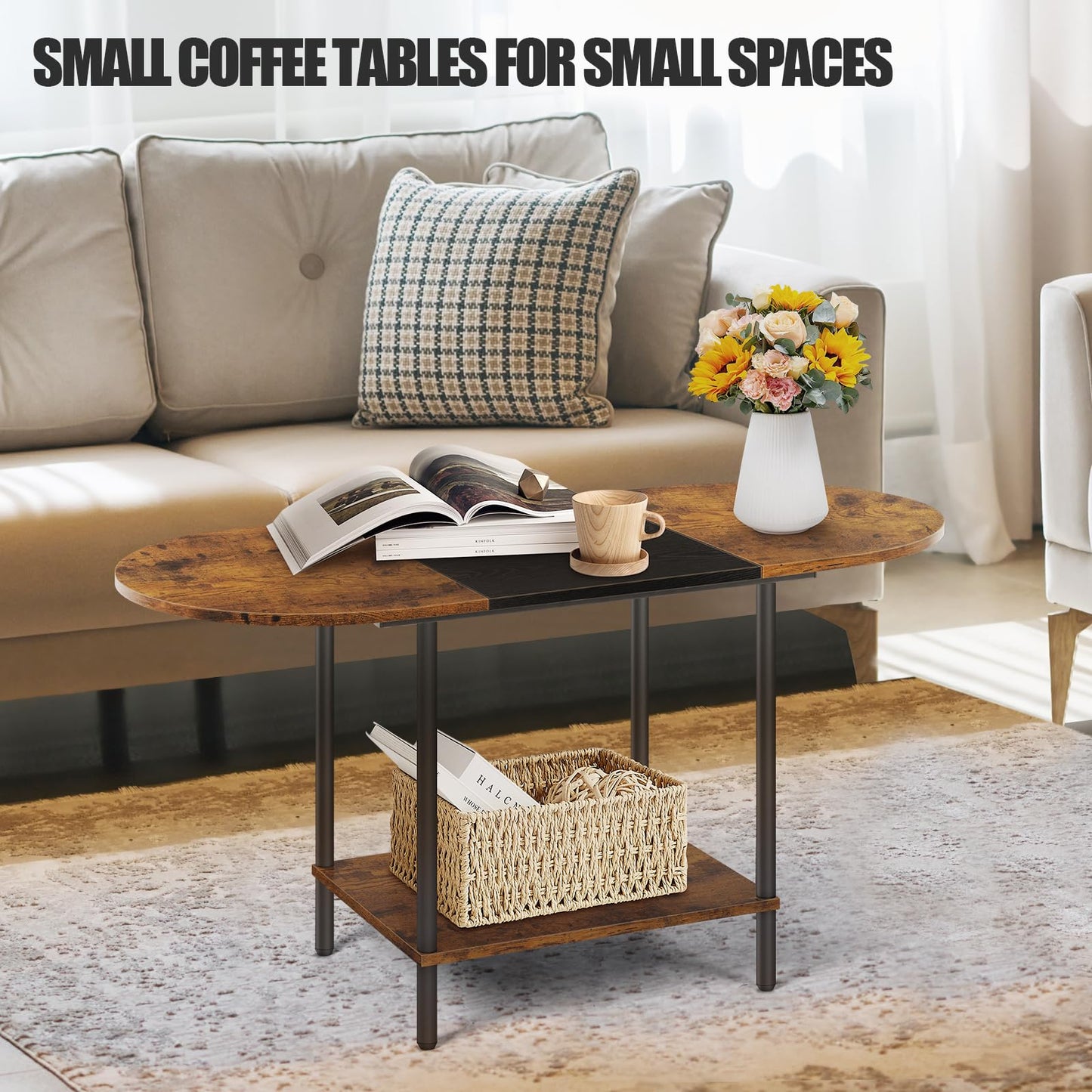 KANEODOT Small Coffee Tables for Living Room,Mid Century Oval Center Table with Storage Shelf and Wood Tabletop,2-Tier Farmhouse Narrow Cocktail Tea Table for Small Space,Apartment,Rustic Brown