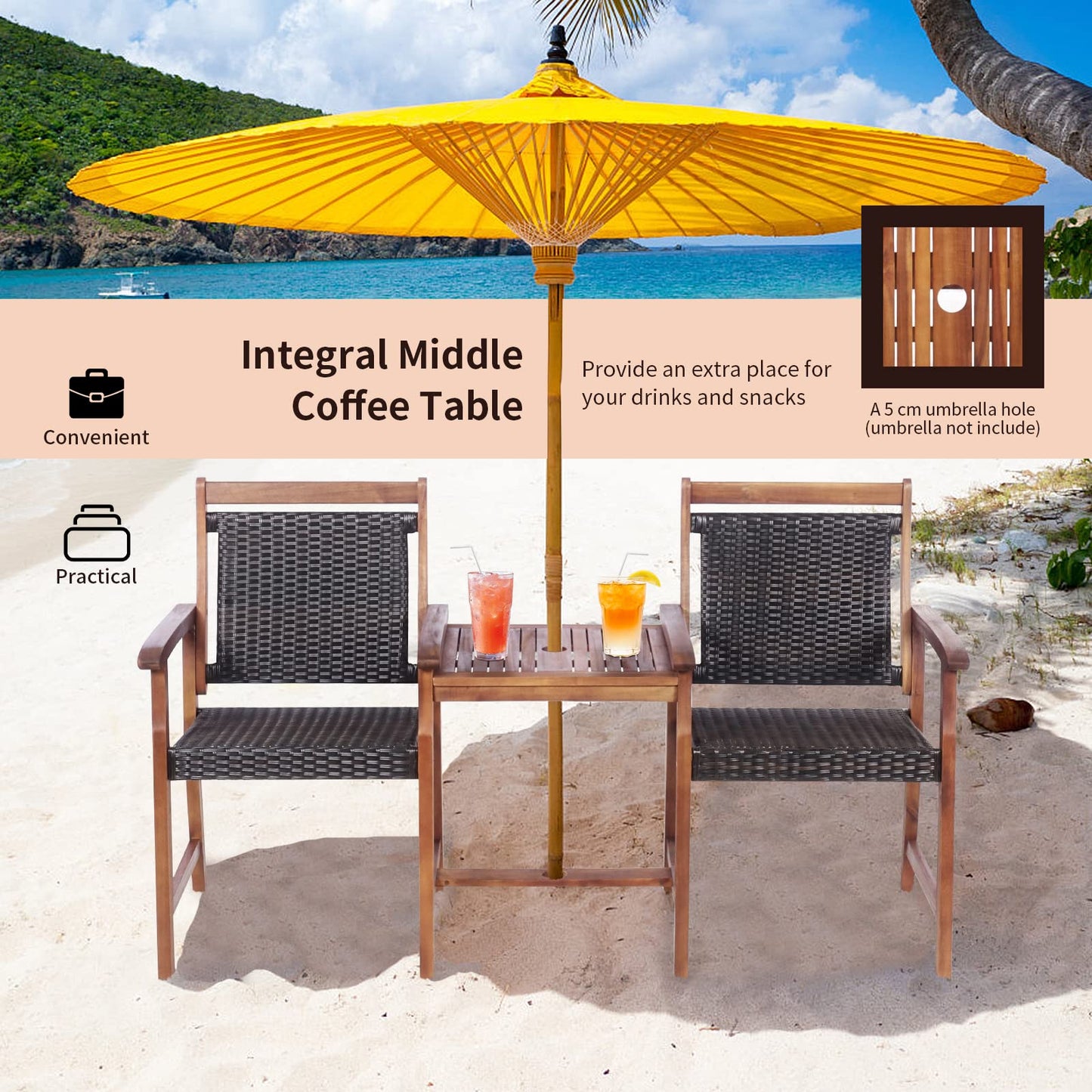 Tangkula Acacia Wood Garden Bench, Patiojoy Rattan Companion Loveseat Chair with Coffee Table and Parasol Hole, 2-Seater Outdoor Conversation Furniture Set for Backyard, Poolside, Balcony (Brown)