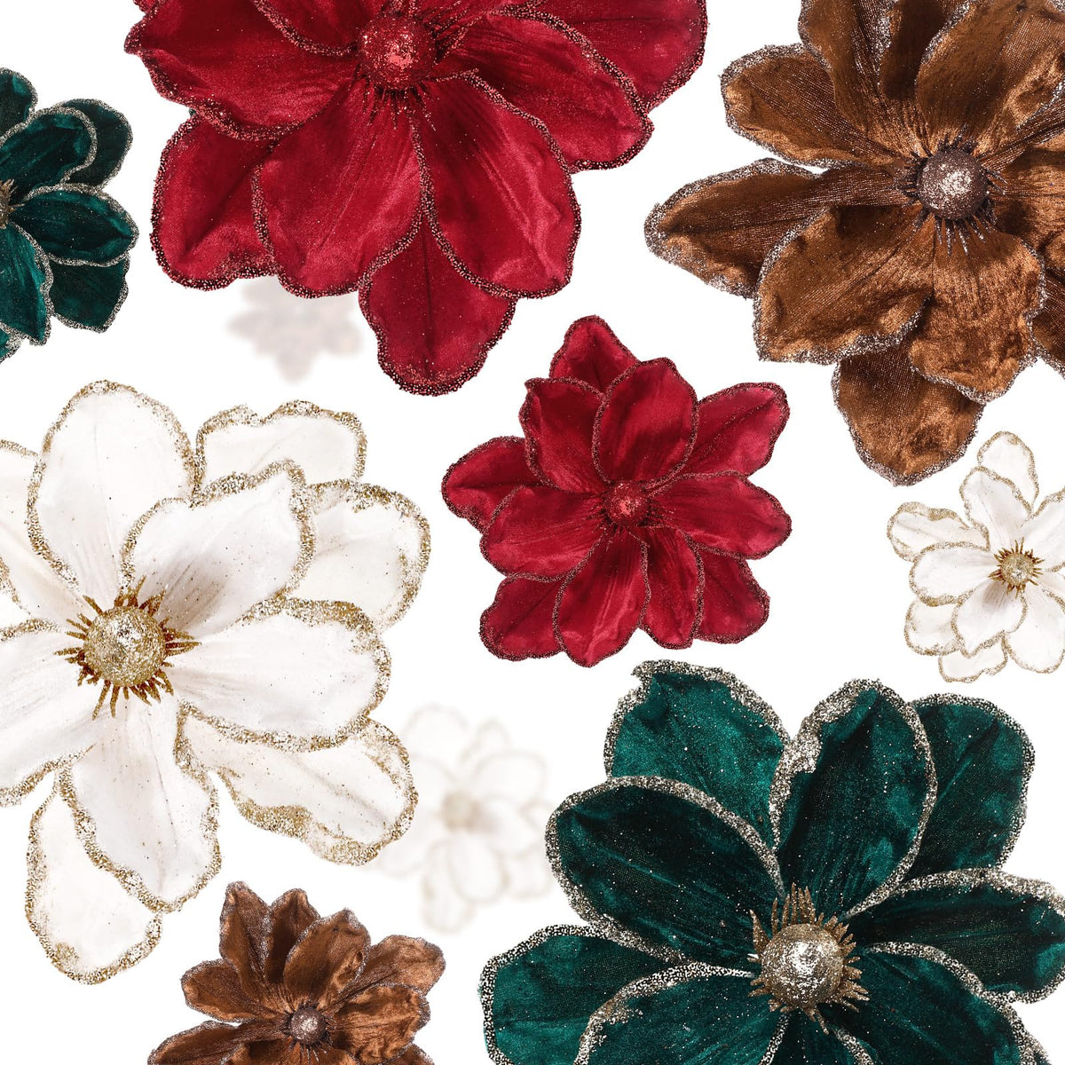 Suncalla 24 Pcs Christmas Velvet Magnolia Flowers Large Artificial Poinsettia Flower Picks 8'' Christmas Glitter Magnolia Floral Picks Stems for Xmas Tree Party (Burgundy Brown Green Cream White)