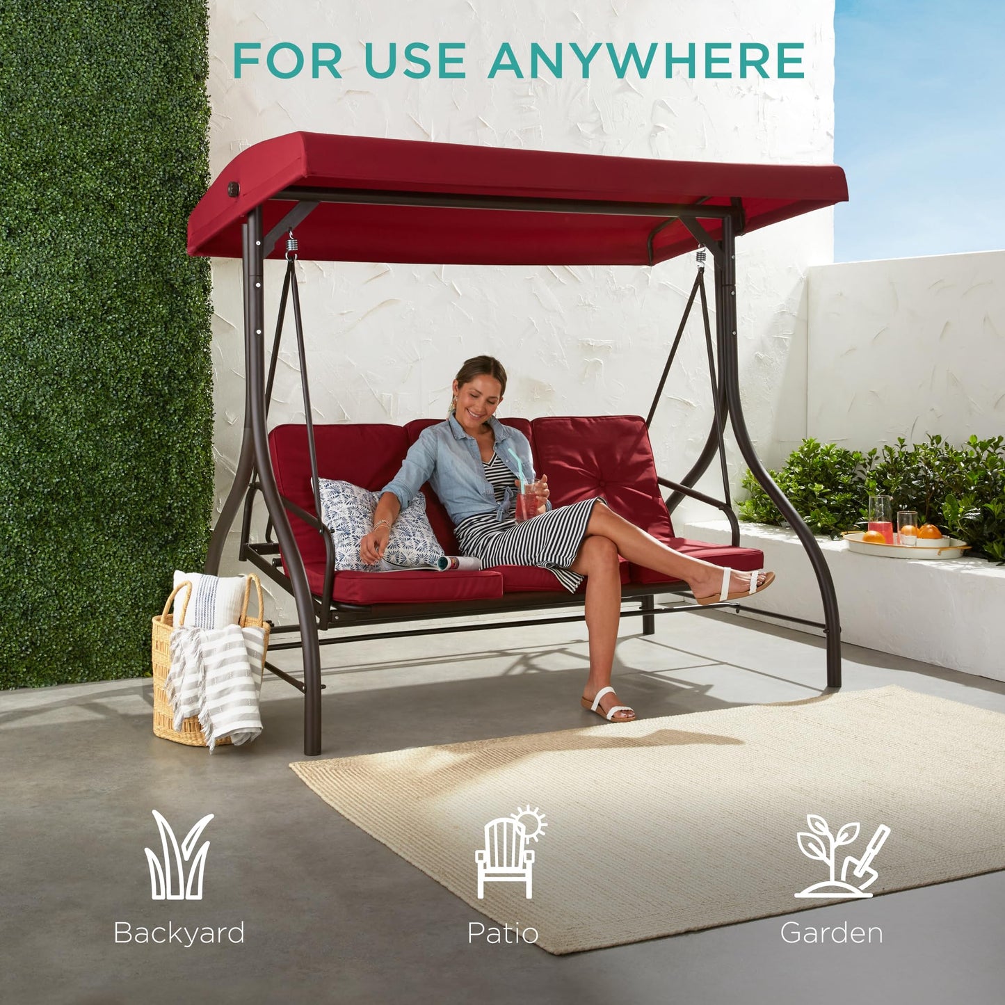 Best Choice Products 3-Seat Outdoor Large Converting Canopy Swing Glider, Patio Hammock Lounge Chair for Porch, Backyard w/Flatbed, Adjustable Shade, Removable Cushions - Burgundy