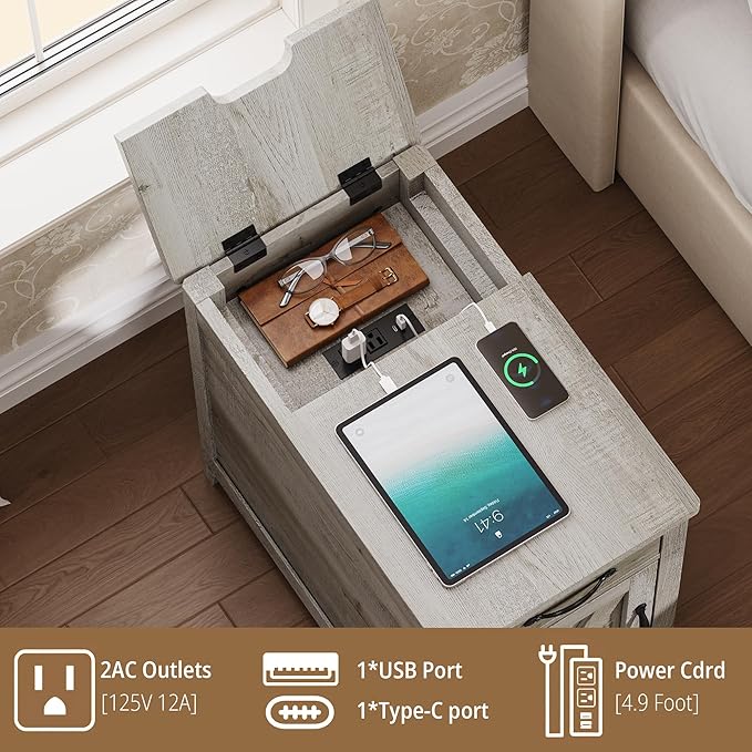 IRONCK End Table with Charging Station, Narrow Side Table