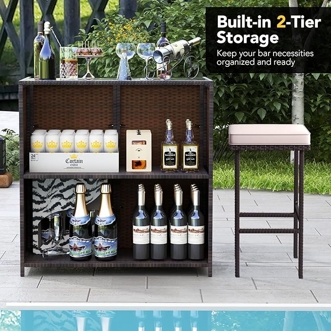 Tangkula Patio Bar Set, 3 Piece Outdoor Rattan Wicker Bar Set