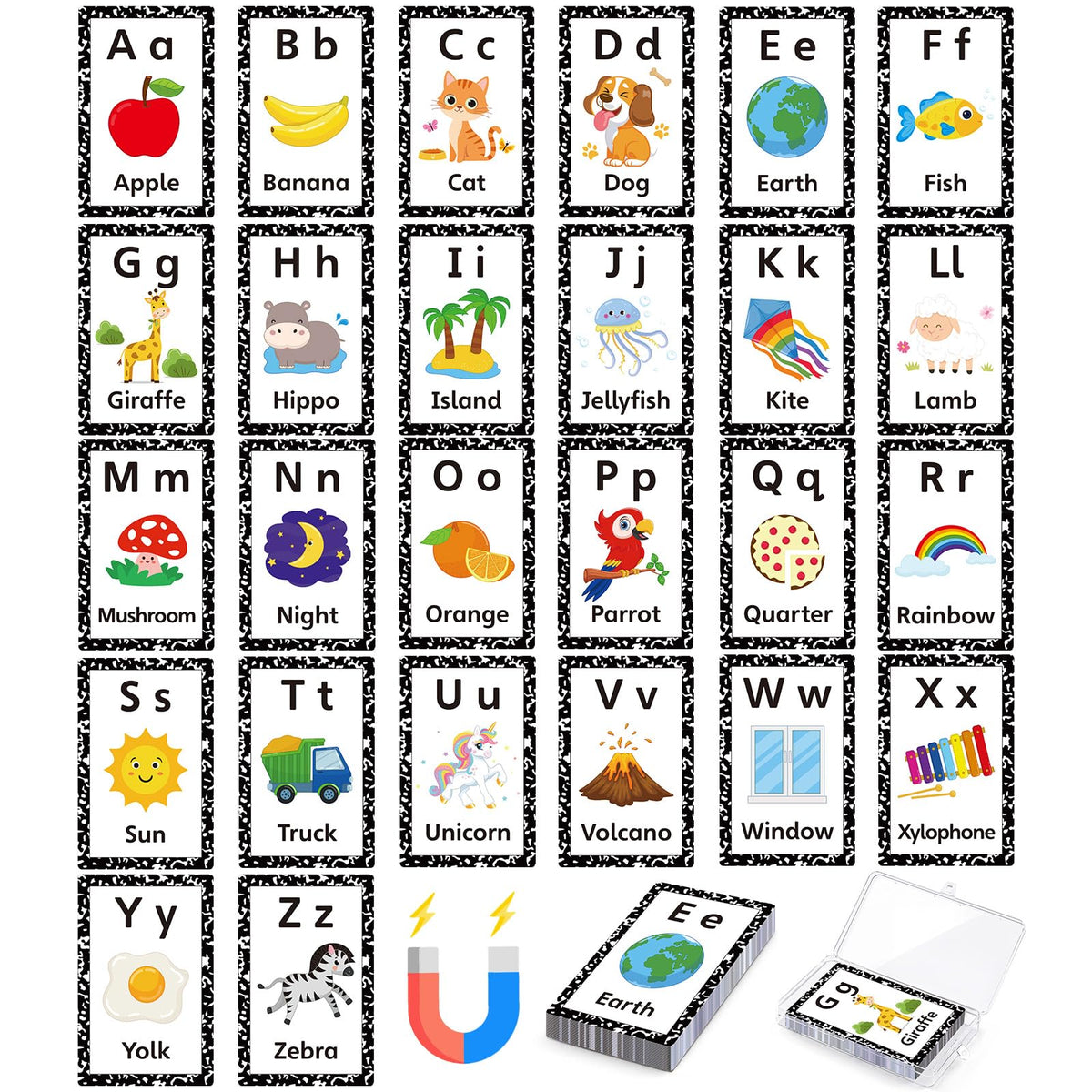 Epakh 26 Pcs Magnetic Alphabet Flash Cards with Storage Box 26 A - Z Letters for Kids, Preschool, ESL, Montessori Learning, Educational Gift for Toddlers, Classroom(Classical)
