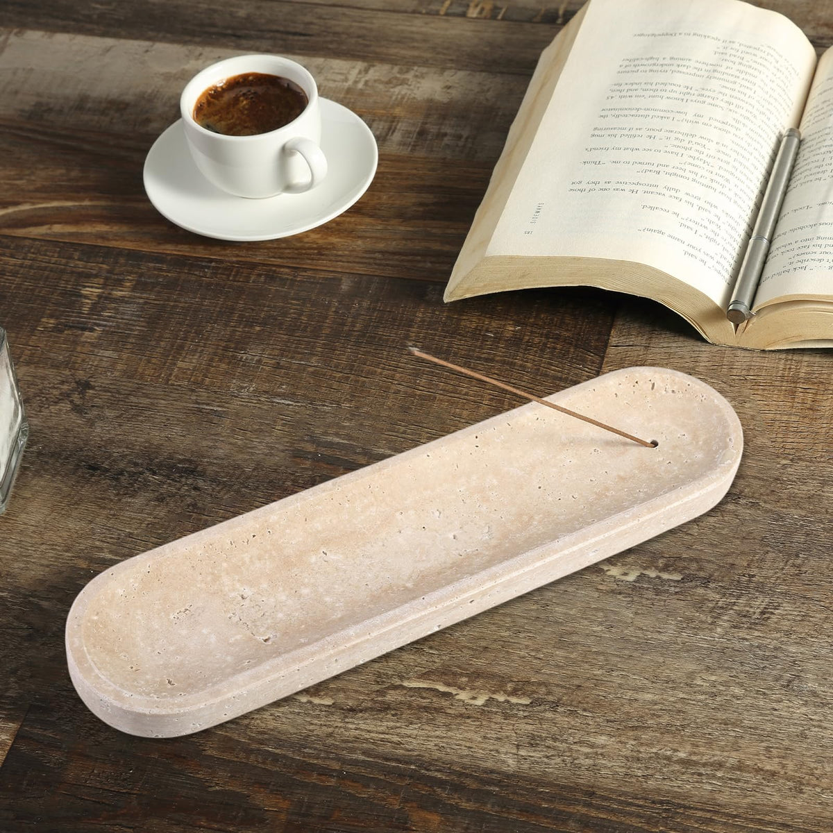 Koville Travertine Incense Holder, Incense Holder for Sticks, Long Incense Sticks Holder Ash Catcher for Meditation Yoga SPA, Natural Stone Incense Burner, Home Table Decor(Beige)