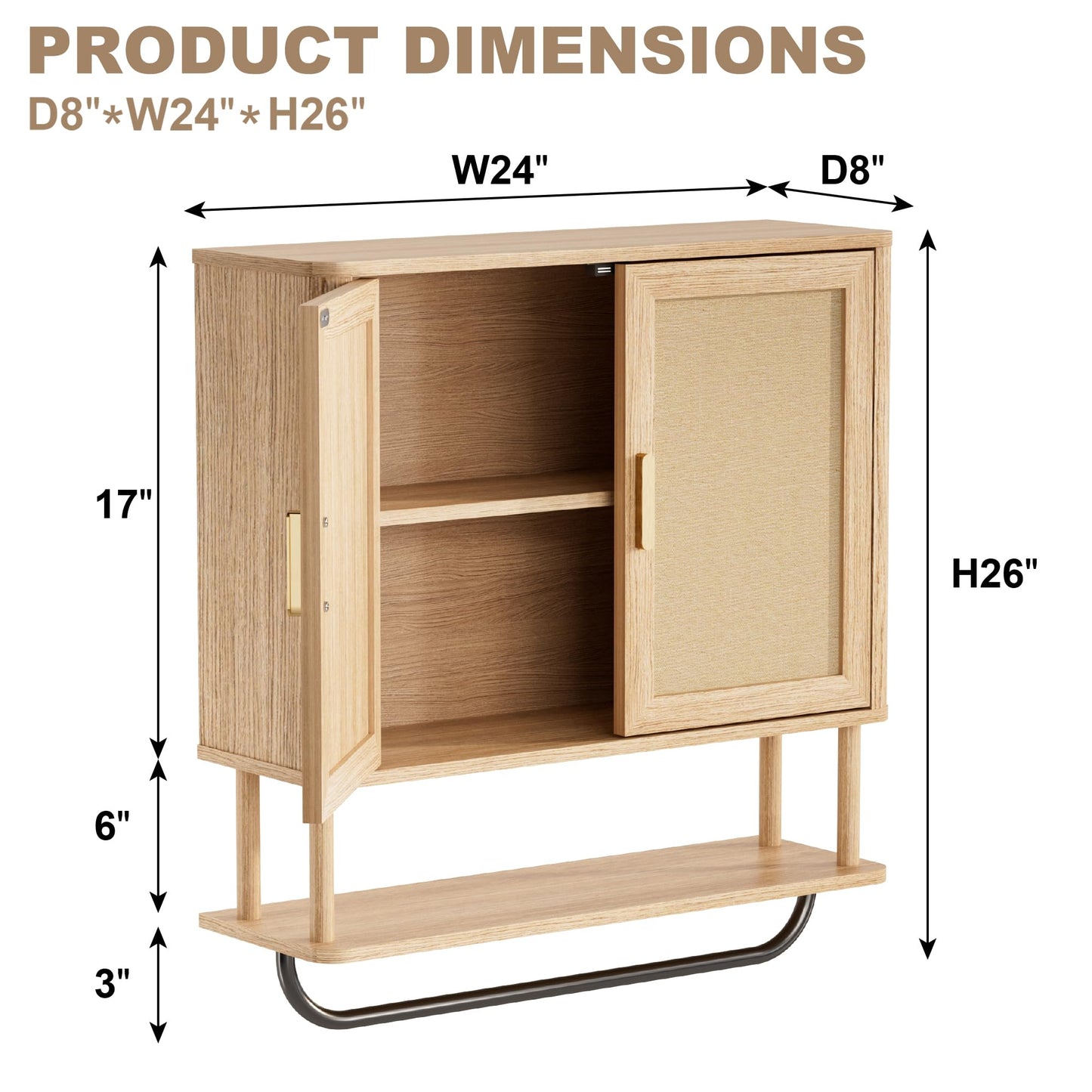 INNOD Rattan Bathroom Wall Cabinet with Towel Bar, Wall-Mounted Medicine Cabinet with Adjustable Wood Shelf & Doors, Over the Toilet Storage Cabinet for Laundry Room & Kitchen & Living Room