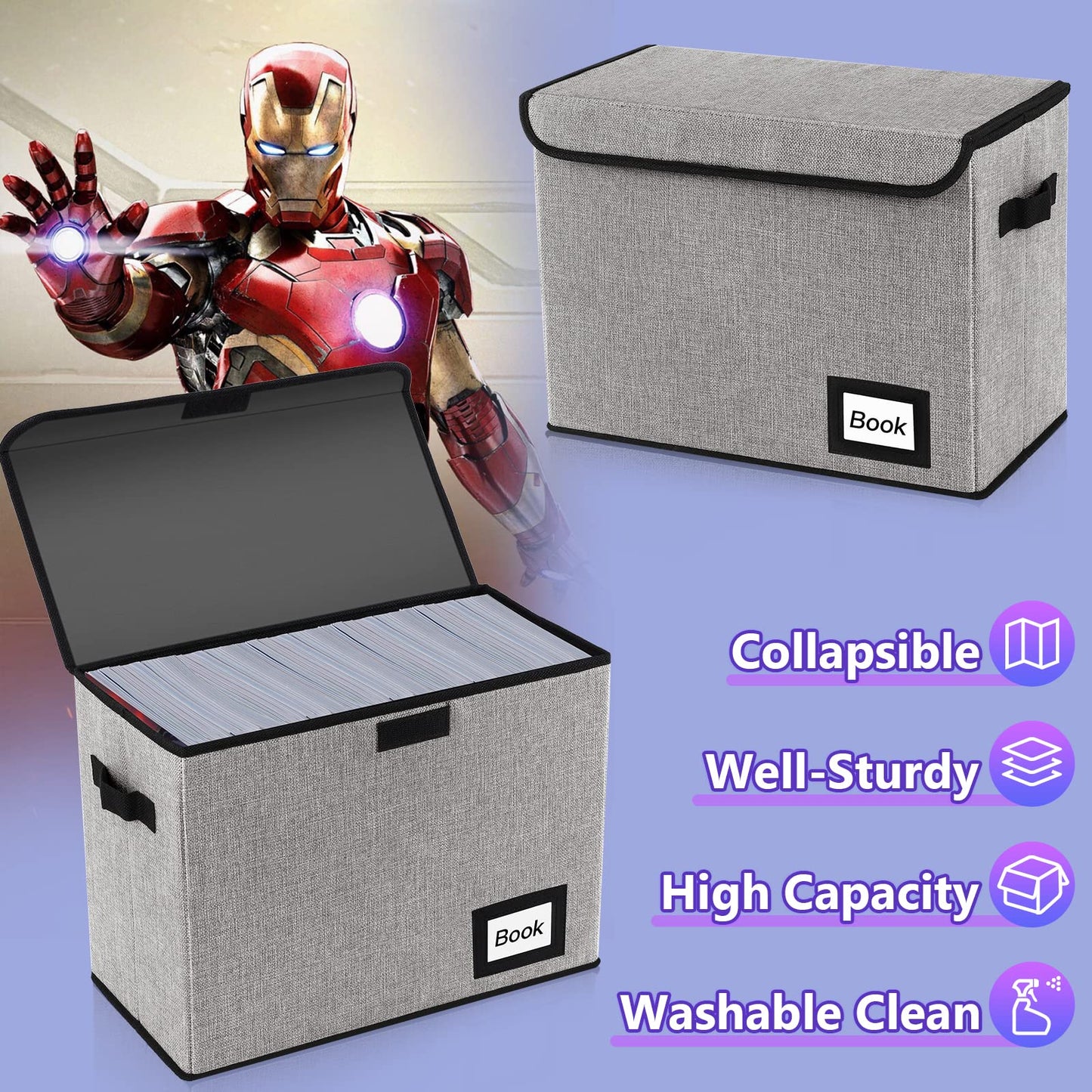 YNSZAS 2 Pack Comic Book Storage Box, Protector Organizer, 15.8" X 7.8" X 11.8", Collapsible Short Box, Holds 160-180 Books, Heavy Duty Container Holder Shelf Bin (Grey)