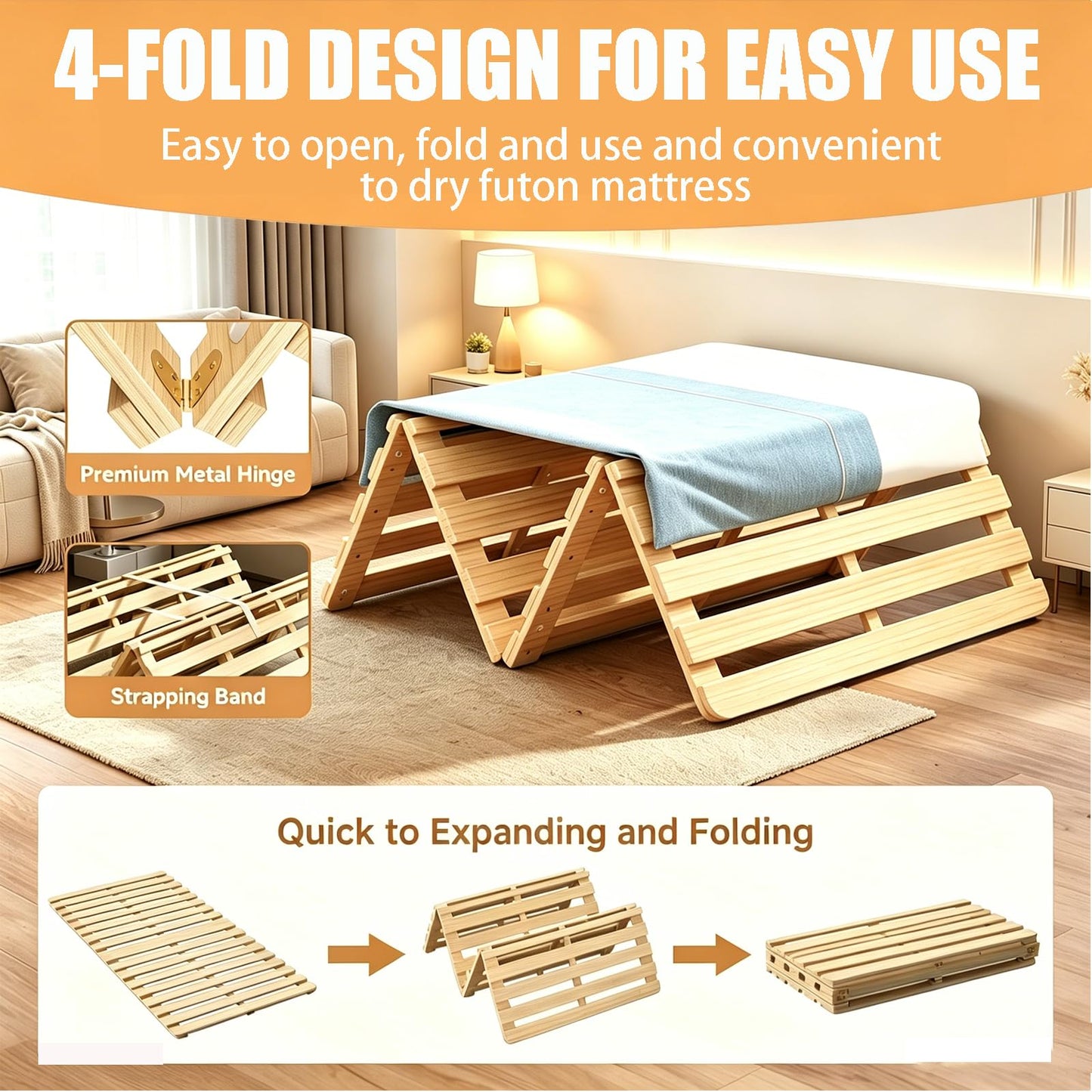 LILYPELLE Floor Bed Frame, Foldable Tatami Bed Frame, Breathable Moisture-Proof Bed Plate, Japanese Floor Bed, Wood Slatted Floor Bed Frame for Floor Sleeping or Futon Mattress, Standard Twin
