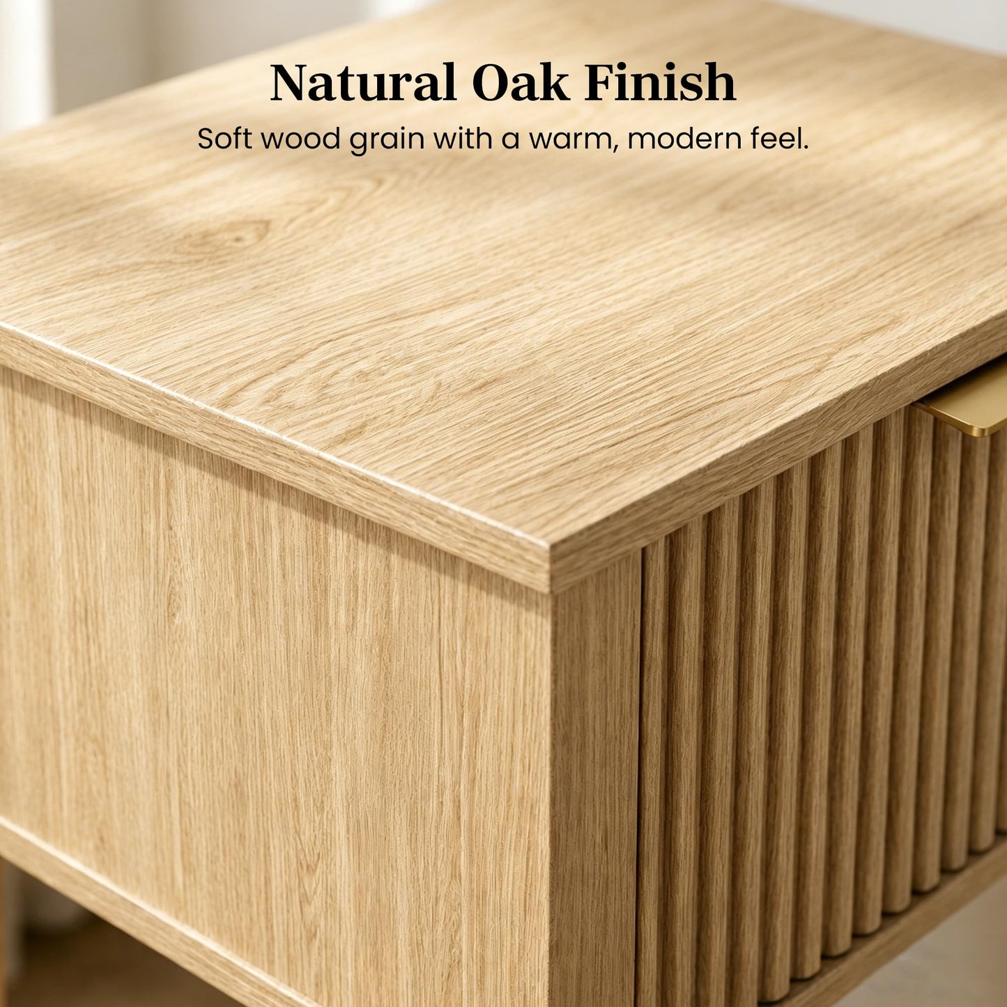 RIHHA Modern Fluted Small Wood Nightstand, 11.8" Deep x 15.4" Narrow Bedside Table with Drawer & Open Shelf, Boho Scandinavian Accent End Table for Bedroom & Sofa - Oak