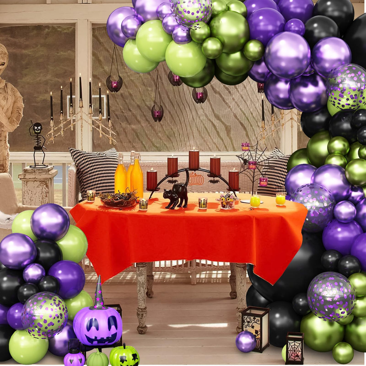 Halloween Balloon Arch Garland Kit, Purple Green Balloon Arch with Purple Confetti Balloons, Black Green Metallic Latex Balloons Set for Halloween Party Decorations