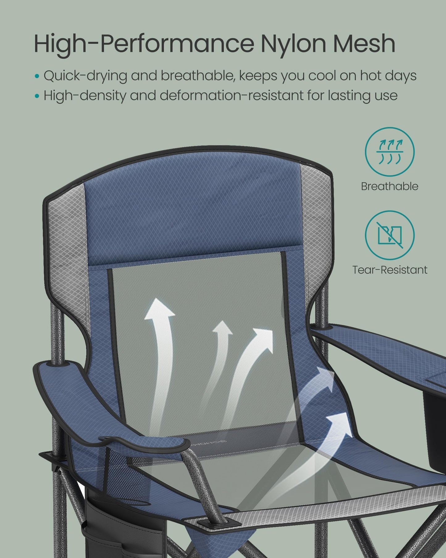 SONGMICS Camping Chair, Folding Oversized Chair, Comfortable and Heavy-Duty, 352 lb Weight Capacity, Adjustable Armrests with Cooler Bag, Storage Bag, Breathable Mesh, Bijou Blue UGCB060Q01
