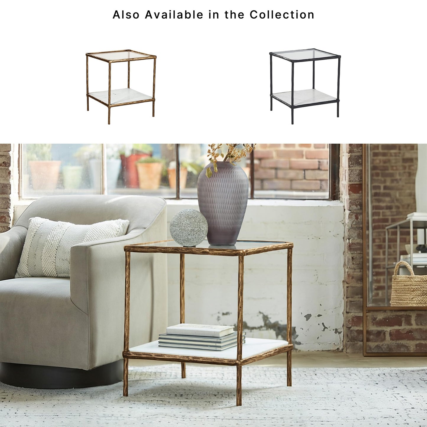Signature Design by Ashley Ryandale Square Accent Table for Living Room, Sand‑Casted Aluminum Frame With Brass Finish, Glass Top and White Marble Shelf, 21" Size