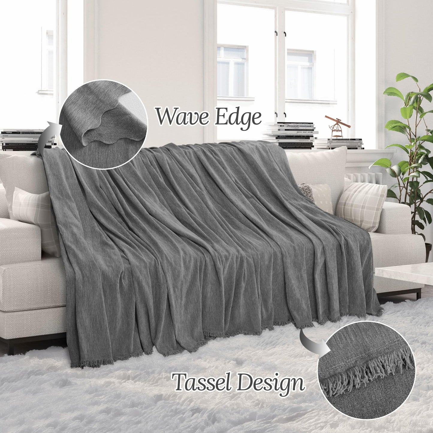 HDCAXKJ Corner Sectional Couch Covers for Dogs L Shape Sofa Cover with Tassel Chenille Super Soft Non Slip U Shaped Couch Cover Blanket Washable Sofa Slipcovers Protector (Light Gray, 91x276 inch)