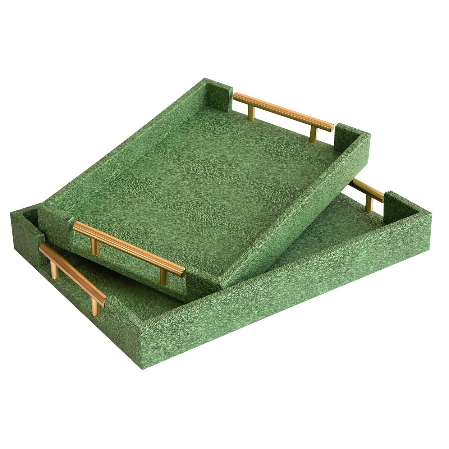 UPPER DECOR Decorative Tray Set of 2, Green Shagreen Leather Tray, Modern Elegant Rectangle Serving Trays with Gold Polished Metal Handles, Ottoman Trays Coffee Table Perfume Kitchen Home Decor