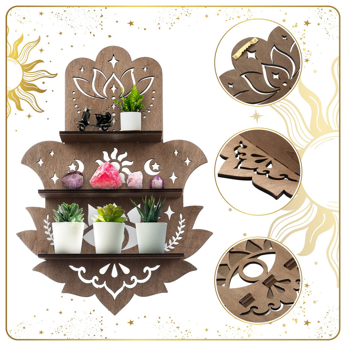 Maitys Hamsa Wall Decor Lotus Crystal Shelf Display for Evil Eye Decor Large 17'' Hamsa Hand Boho Wooden Hanging Crystal Holder Shelf Aesthetic Zen Meditation Spiritual Gift Witch Yoga