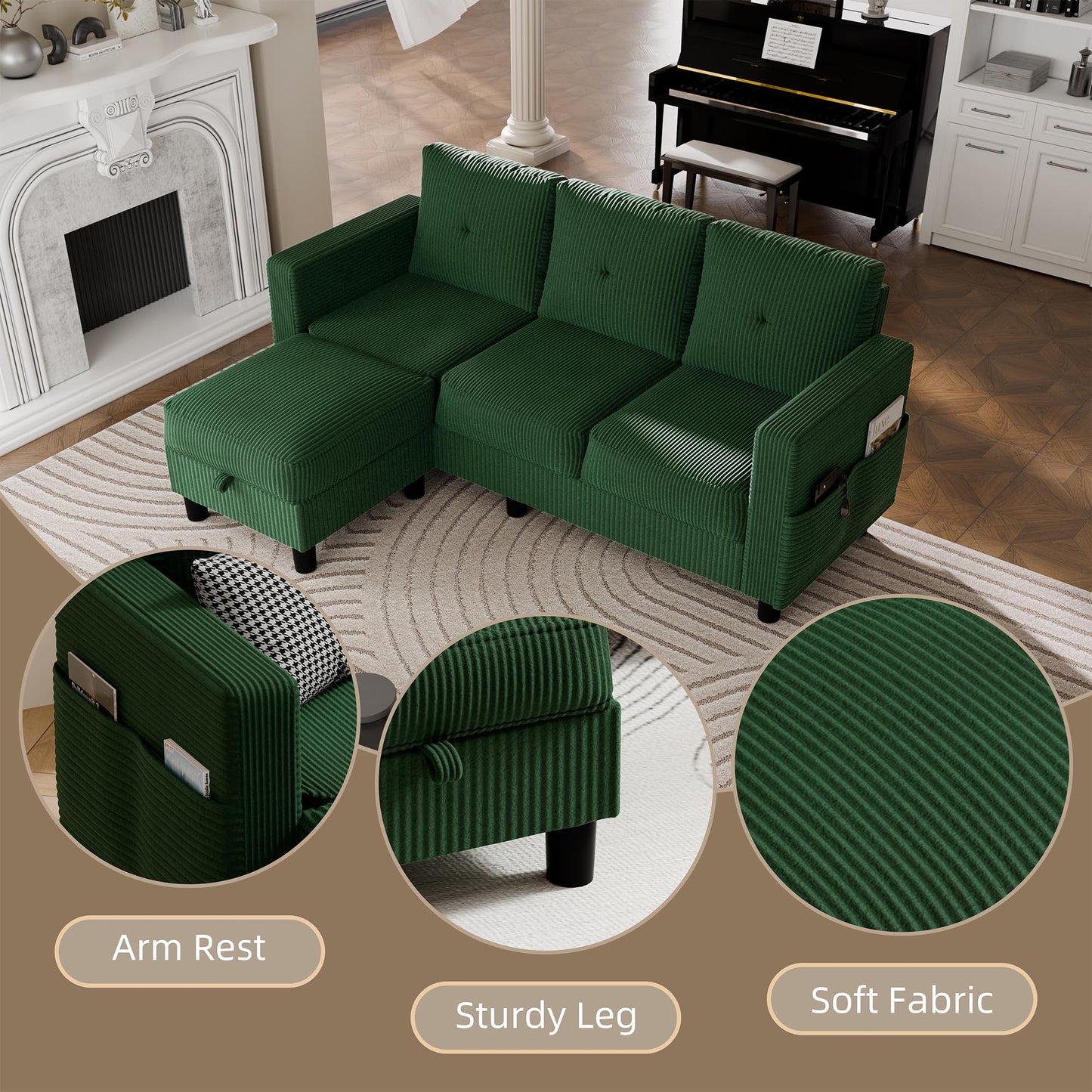 Convertible Sectional Sofa with Storage Ottoman, 77” L-Shaped 3-Seat Couch with Skin-Friendly Corduroy Fabric, Reversible Small Sectional for Small Space, Apartment, Living Room and Office(Green)