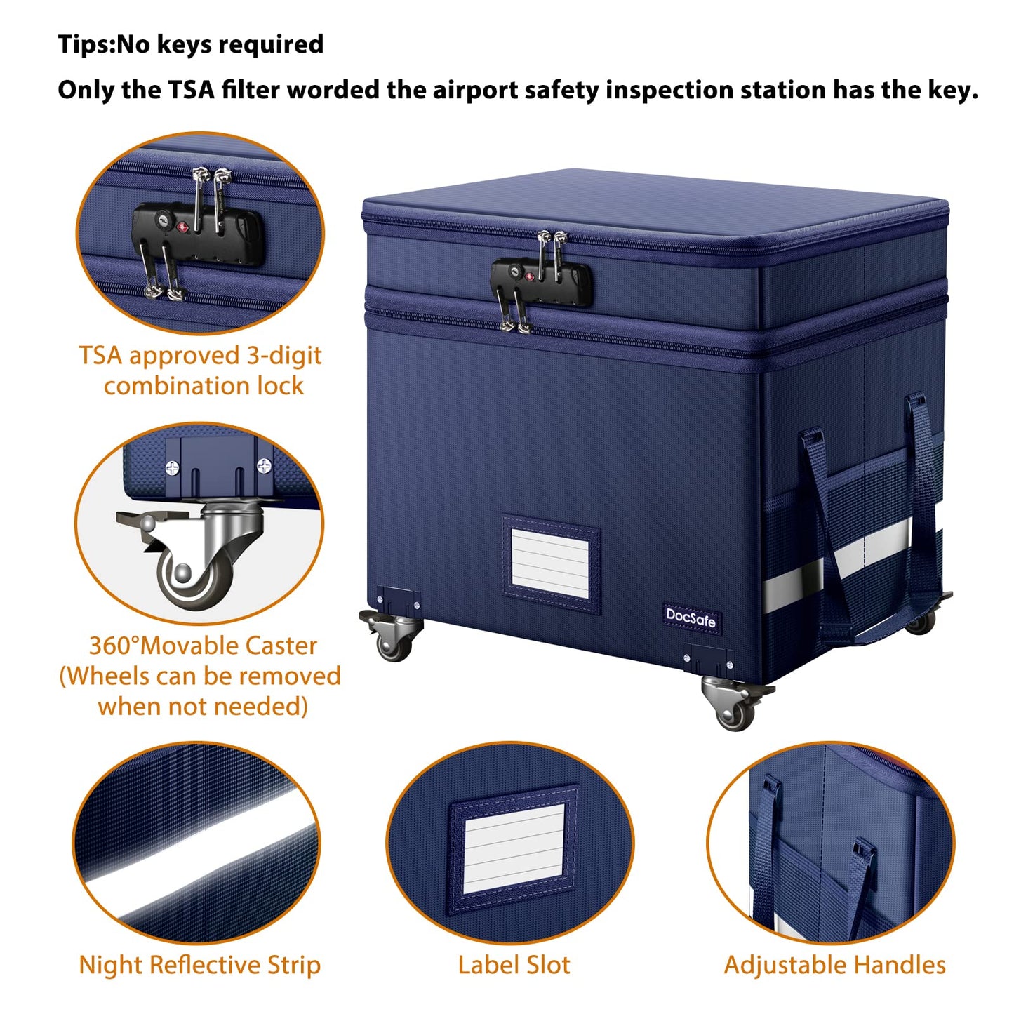 DocSafe File Box with Lock, 2-Layer Fireproof Document Box with Wheels,Collapsible File Storage Organizer with Pockets,Large Portable Office Filing Cabinet Hanging Folders,Blue,16''x13.8''x12.2''