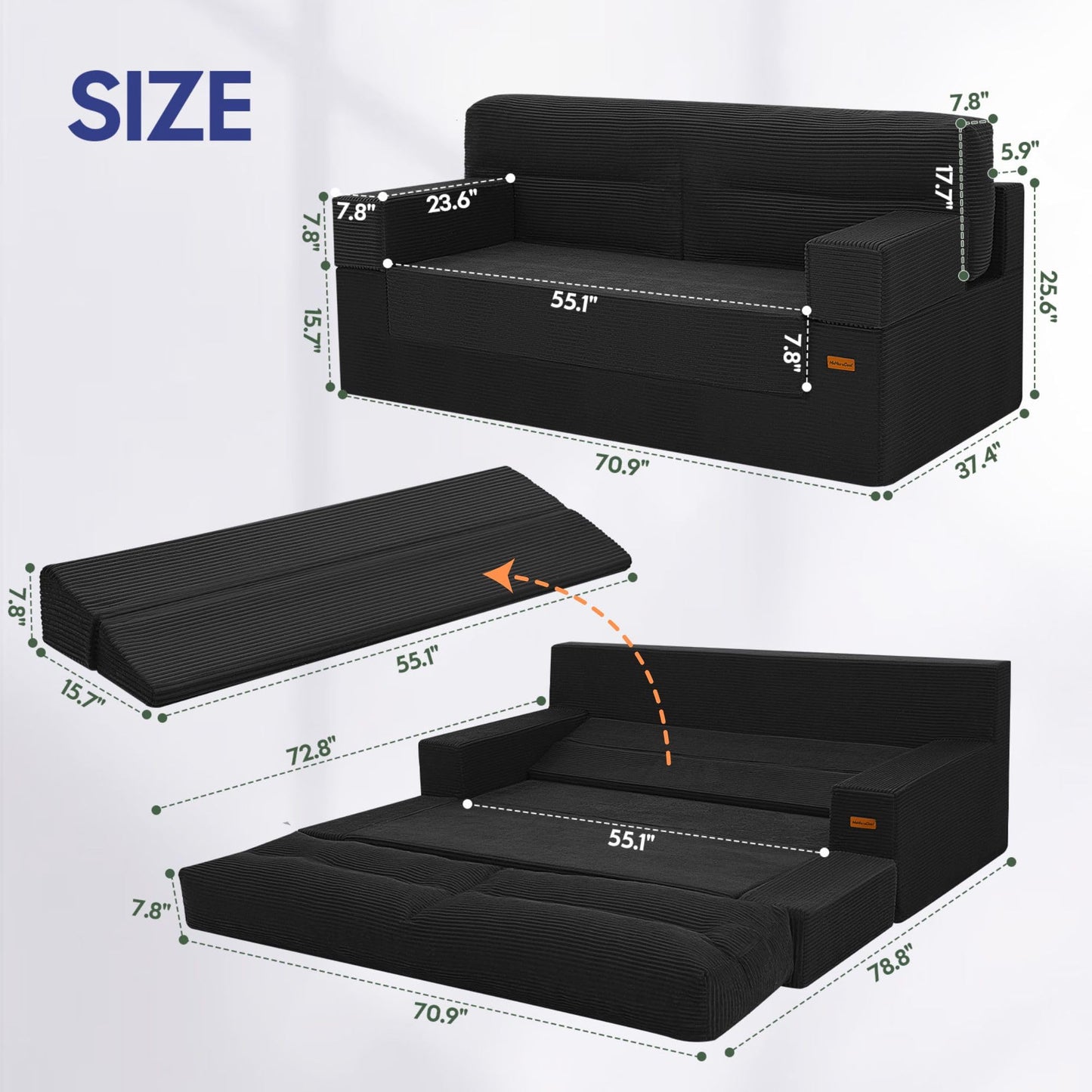 MeMoreCool Queen Sofa Bed, 4-in-1 Pull Out Couch Bed with Wedge Pillow, Boneless Futon Sleeper Loveseat, No Assembly Folding Sofa for Living Room Guest Room, Black Corduroy