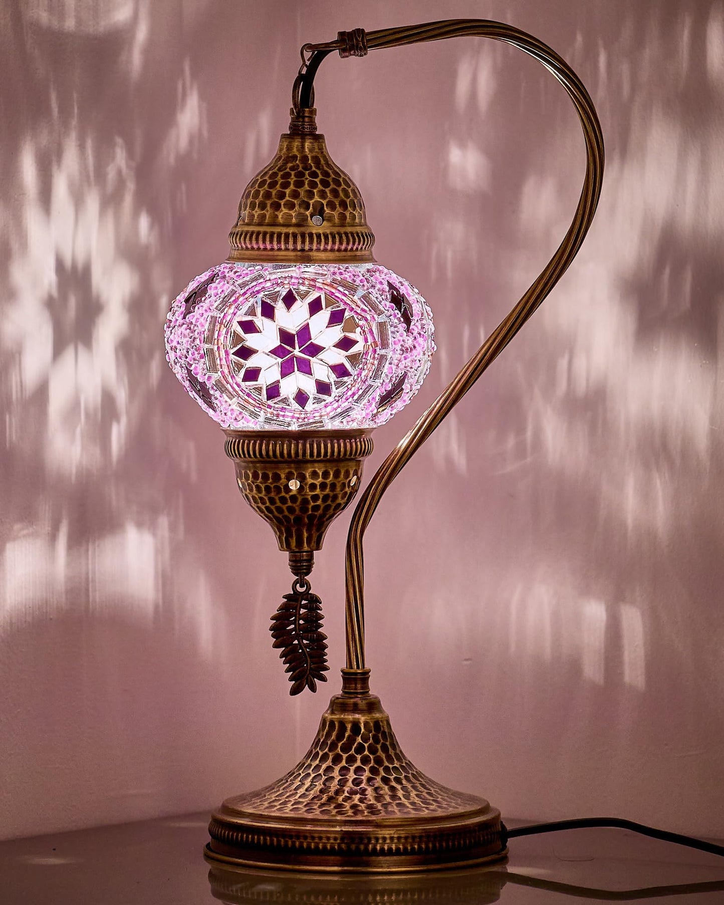 DEMMEX Turkish Moroccan Table Lamp, Swan Neck Tiffany Style Mosaic Glass Table Desk Bedside Lamp for Bedroom, Living Room – Handcrafted in Turkey, Lilac