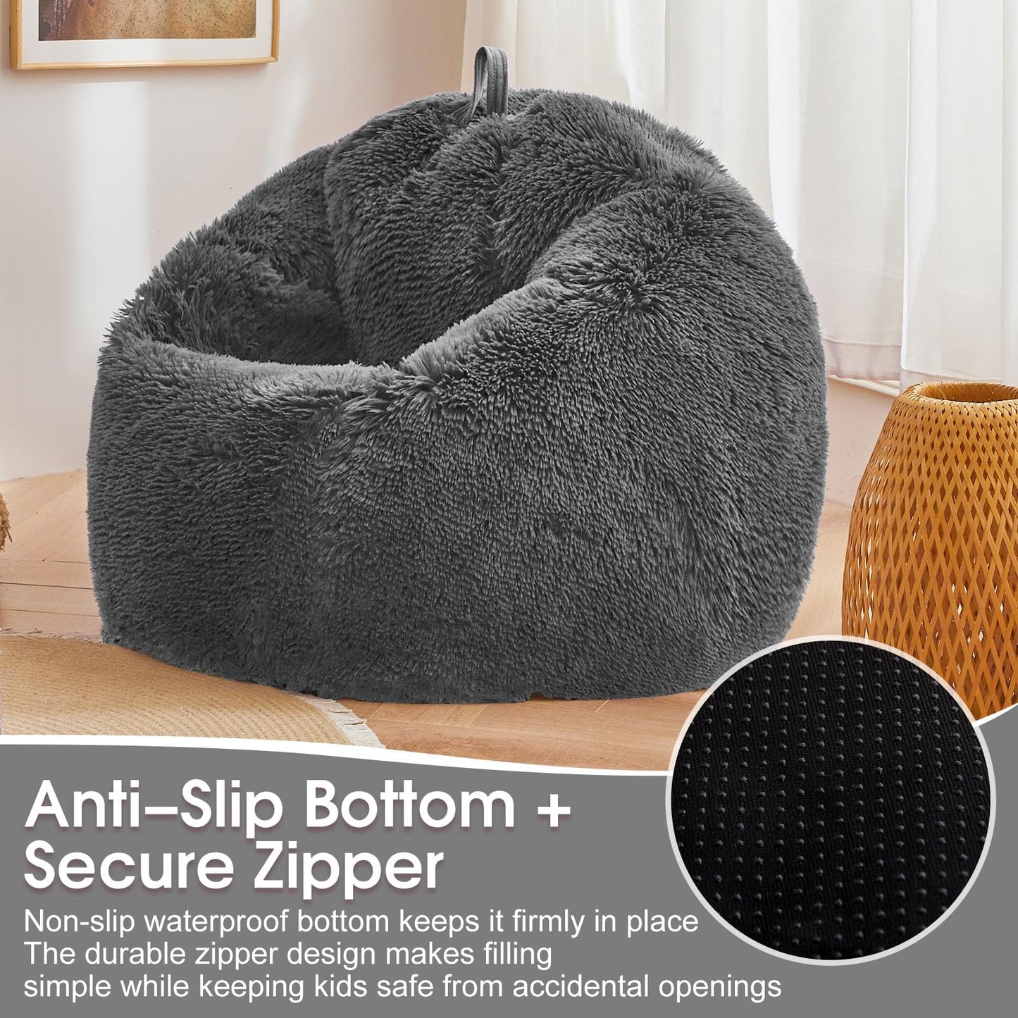 Dark Gray faux fur bean bag chair covers (No Filler), comfy Plush Dark Gray bean bag chair Cover for bedroom, stuffed animal Storage, kids adults teens girls bean bag chairs, Anti-Slip