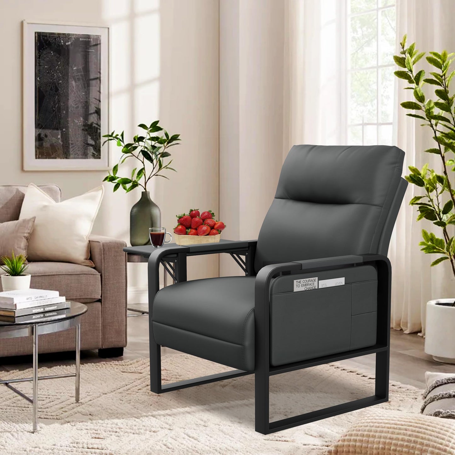 Apeaka Modern Faux Leather Accent Chair Upholstered Armchair with Side Table for Bedroom Living Room Chairs Office Chair Grey Leisure Chair