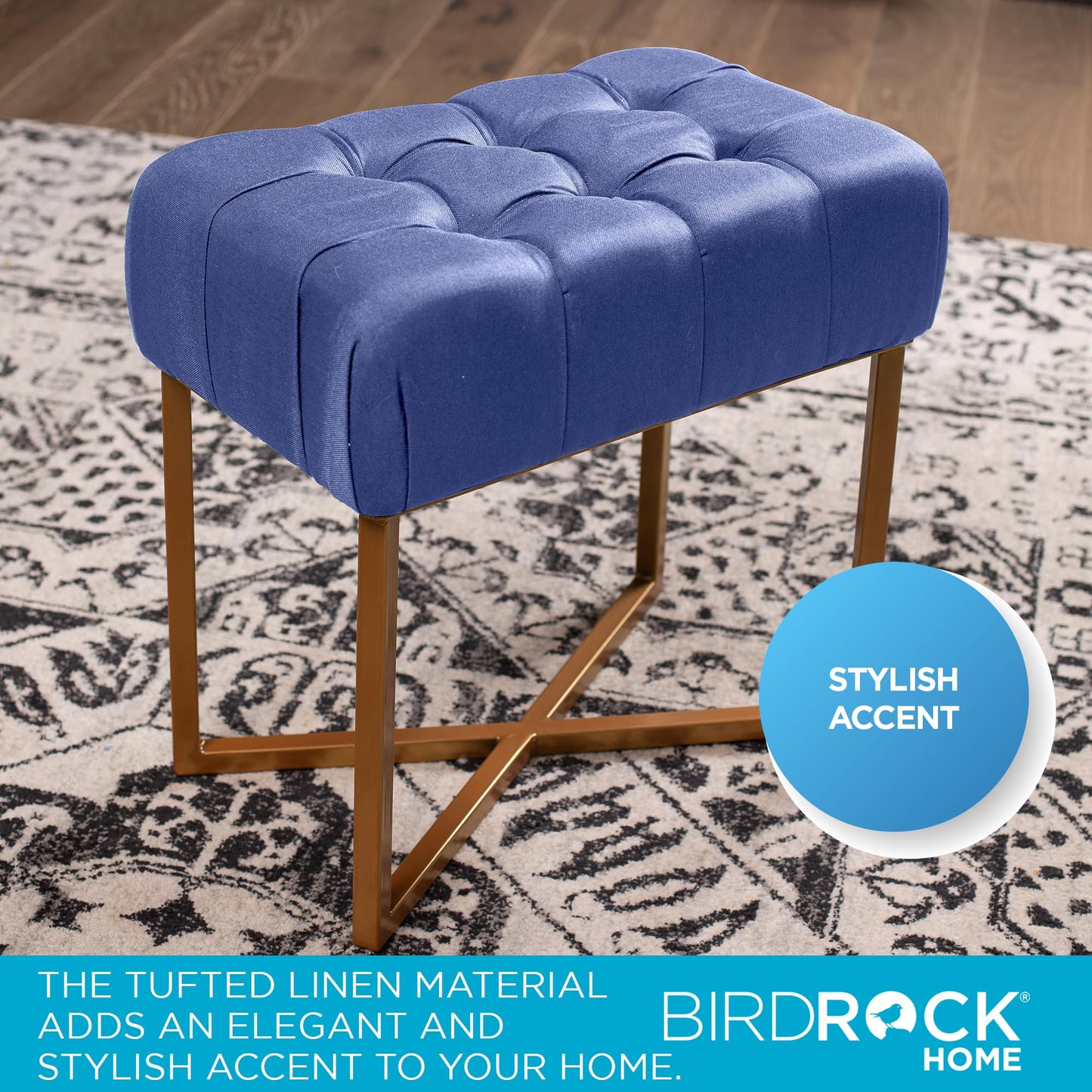 BIRDROCK HOME Rectangle Tufted Linen Ottoman Foot Rest - 19.7x11.82x17.73” Small Foot Stool with Legs - Padded Footrest Modern Ottomans for Living Room Furniture, Bedroom Footstool (Blue)