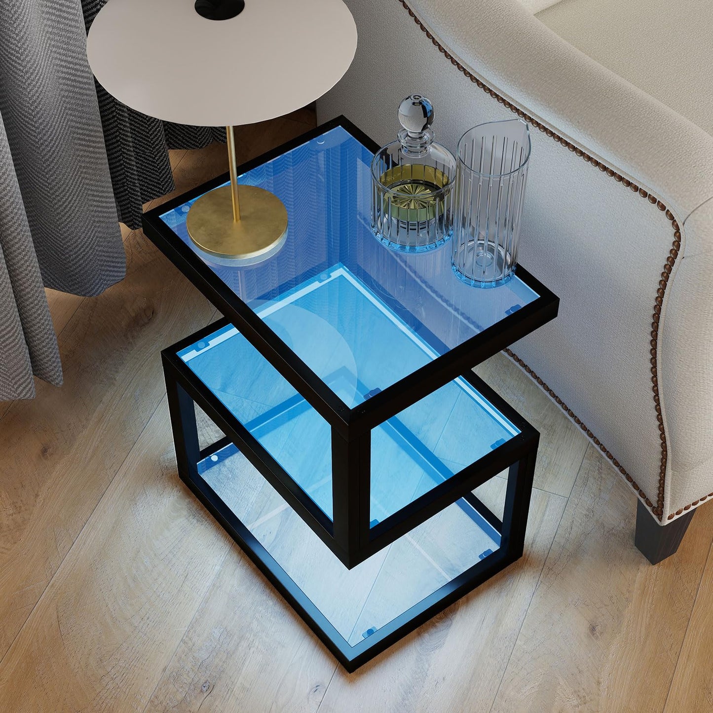 Permory Glass 3-Tier S-Shaped Side Table with LED Strip, Black End Table for Living Room & Bedroom (Rectangle)