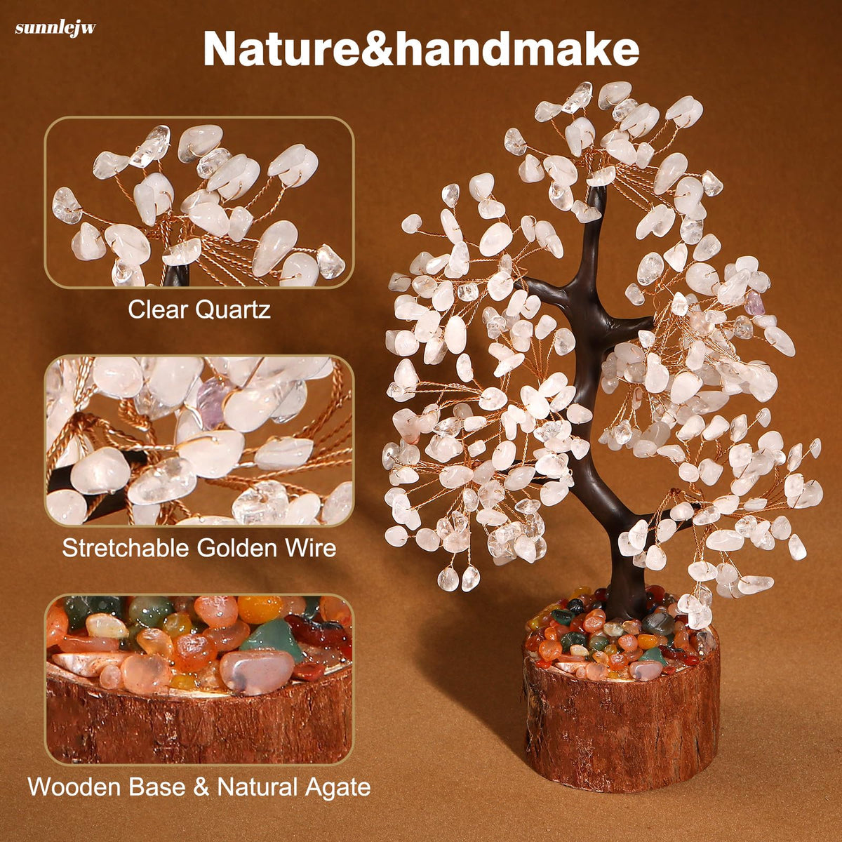 Sunnlejw Clear Quartz Crystal Tree of Life for Home, Office, and Desk Decor，Handmade Bonsai for Clearity, Healing Crystals Money Tree，Perfect Concentration Gifts for Mom and Sister Friend