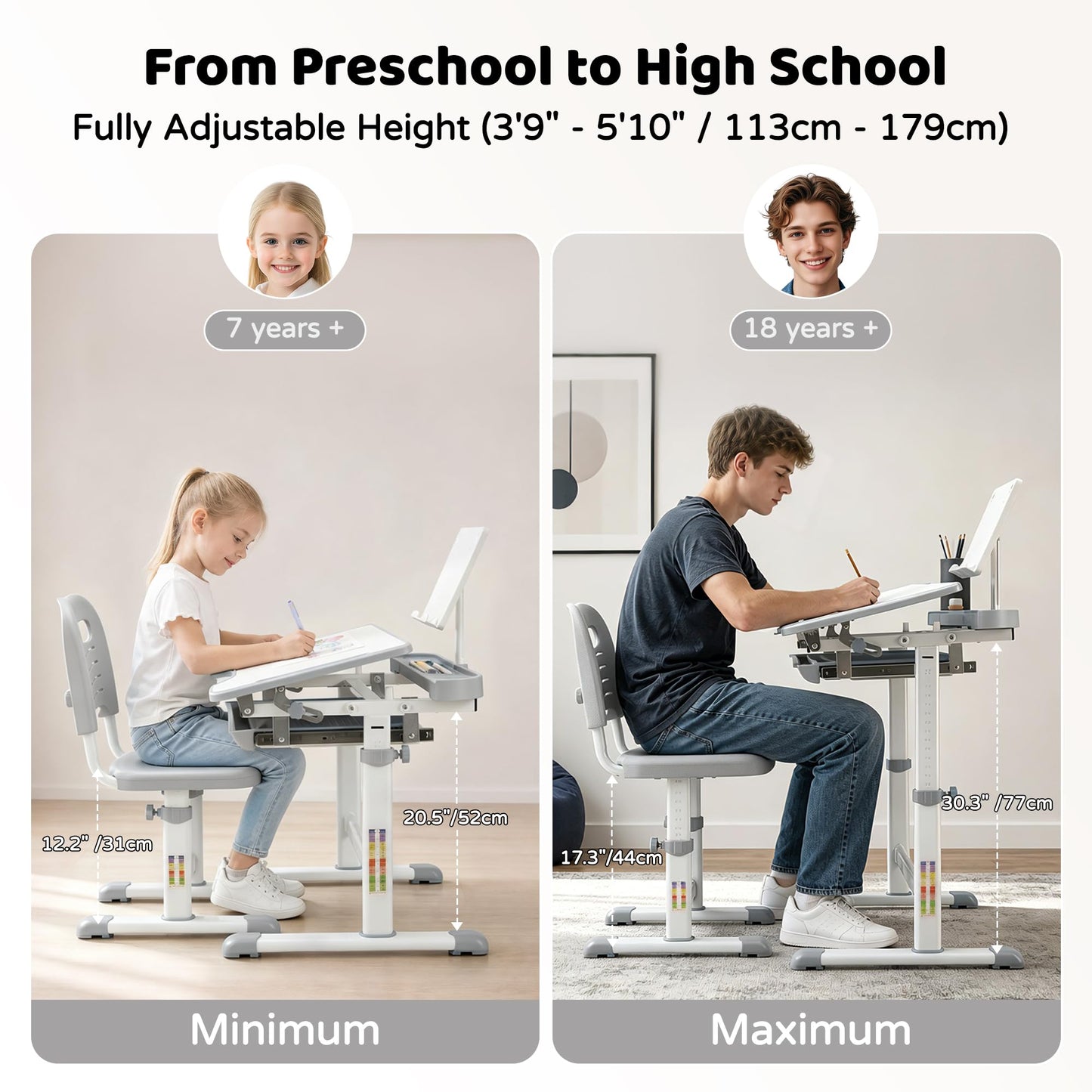Diroan Kids Functional Desk and Chair Set, Ergonomic Height Adjustable Children School Study Desk with Tilt Desktop, Book Stand, LED Light, Metal Hook and Storage Drawer for Boys Girls(Grey)
