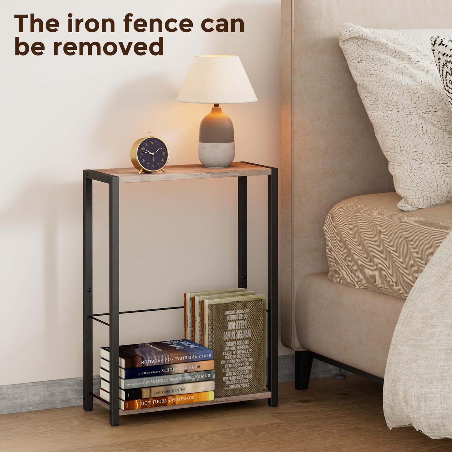 Homleke Narrow Side Table with Magazine Holder, Skinny End Table Perfect for Small Spaces, Space-Saving Design for Living Room, Bedroom, or Office, 7.1" D x 16.9" W x 23.6" H, Greige