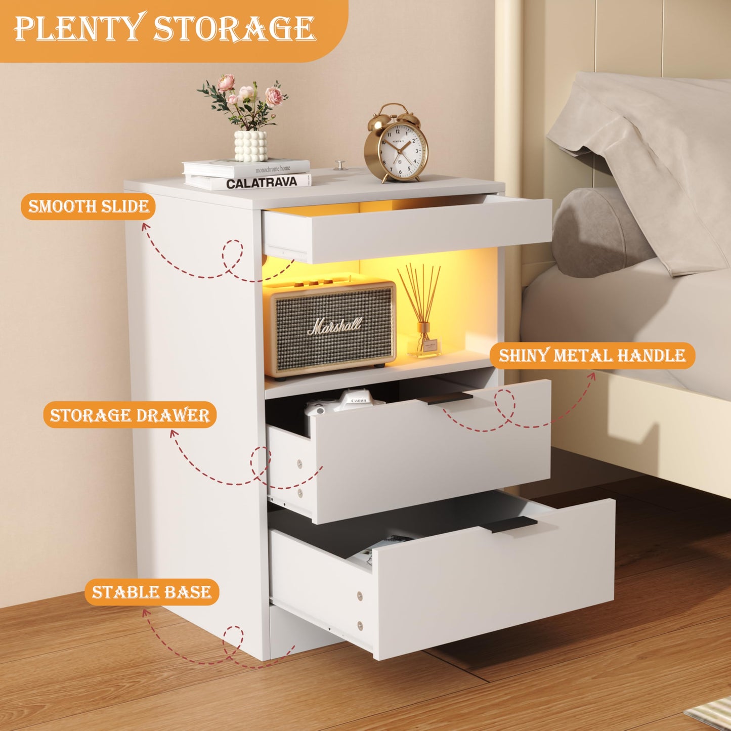 Yusong Night Stand with Gun Drawer & Invisible Lock, Bedside Table, LED Nightstand with Charging Station, Modern Night Stand, Wood Sofa Couch End Side Table with 2 Pull-Out Shelf (White 002)