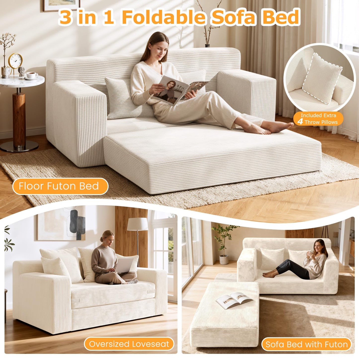 Winzoo Boneless Loveseat Sleeper Sofa Bed, 3-in-1 Convertible Sofa Bed and Futon Couch with 4 Pillows, 55" Beige Boneless Couch for Living Room, Guest Room, Small Space, No Assembly Required, Corduroy