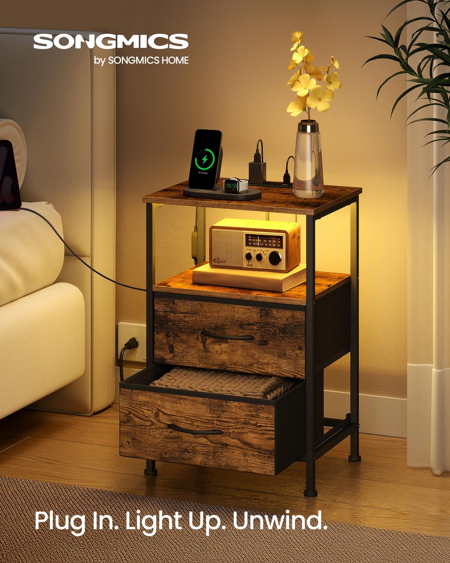 SONGMICS BELLAH Collection - Nightstand with Charging Station and App-Controlled Adjustable LED Lights, Bed Side Table, 2 Drawers and 1 Open Shelf, Bedroom, Rustic Brown and Ink Black ULGS302KD01S