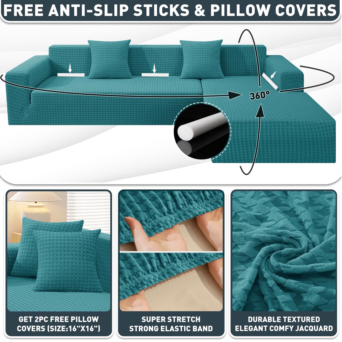 ZNSAYOTX Stretch Sectional Couch Covers New-Houndstooth Texture, Thick Slipcovers with Elastic Bottom for L Shape Sectional Sofa, 2 Pcs Pet Friendly Universal Protector (Chaise or Sofa), Peacock Blue