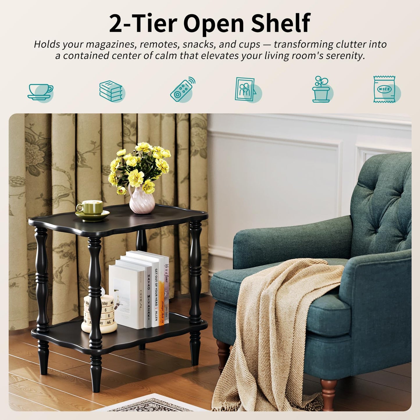 Solid Wood End Table Living Room - 23.6" H Small Narrow Rectangle End Table Wooden, Dark Real Wood Black Vintage Antique Side Bedside Table Nightstand for Small Spaces with Open Storage Shelf