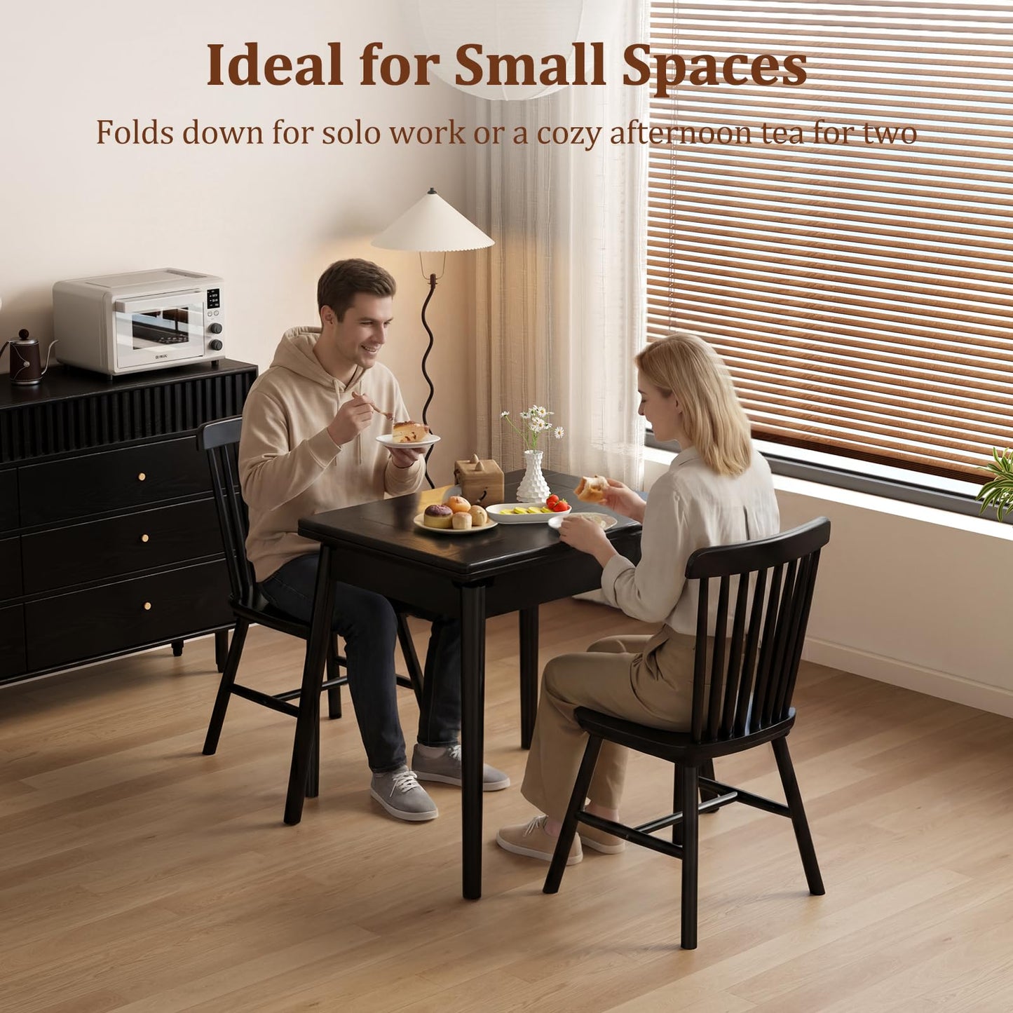 DONGMUWUJEE Solid Wood Small Dining Table, 23.6"L-47.2"L Expandable Kitchen Table for 2-6, Designed for Small Spaces, Easy Assembly, Suitable for Kitchen, Dining Room, Living Room, Apartment (Black)