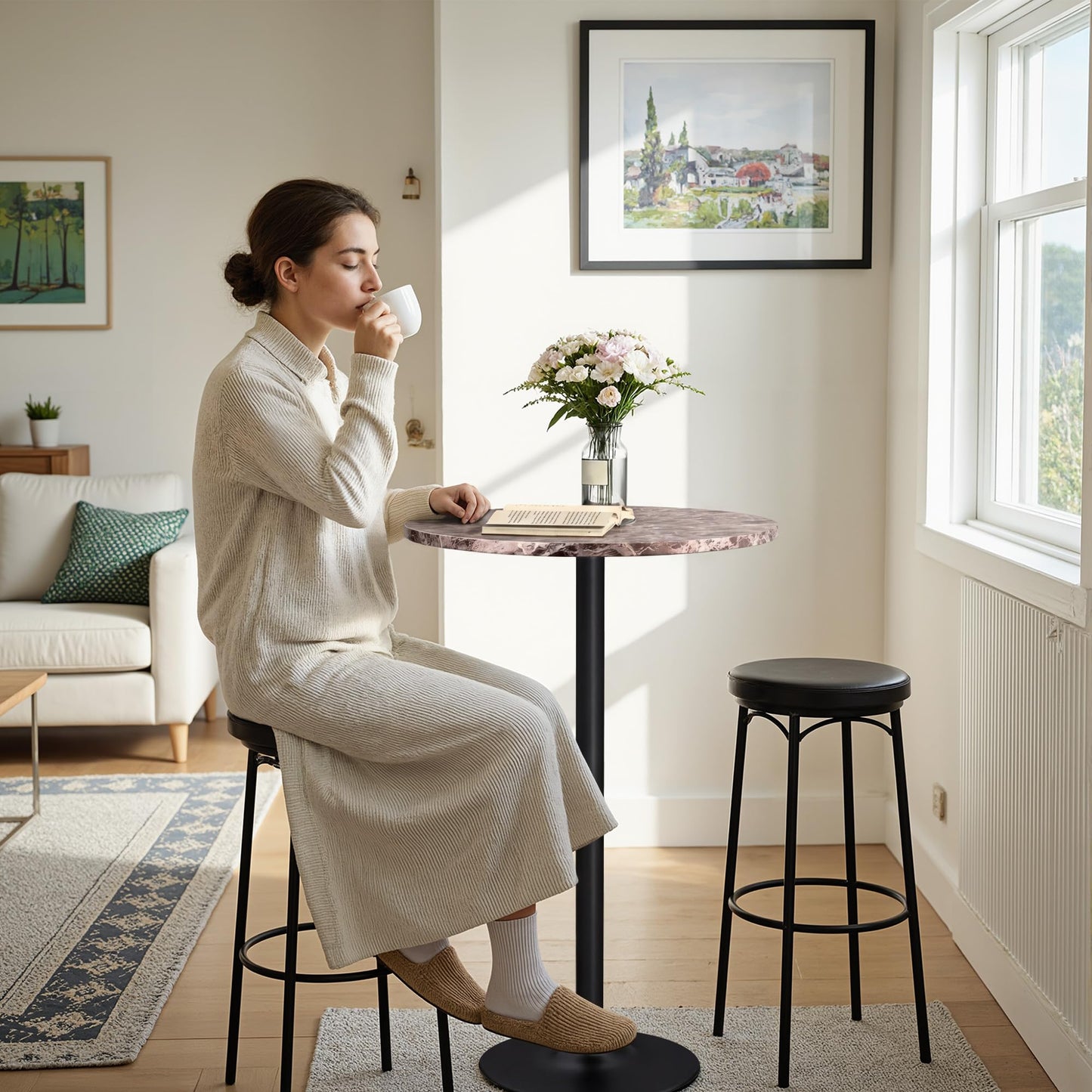 Furmax Bistro Pub Table Round Bar Height Cocktail Table for Home Bar, Round Bar Tables for Party, Dining Room, Living Room and Wedding, Metal Base MDF Top Obsidian, 40.6 Inch Height (1, Faux Marble)