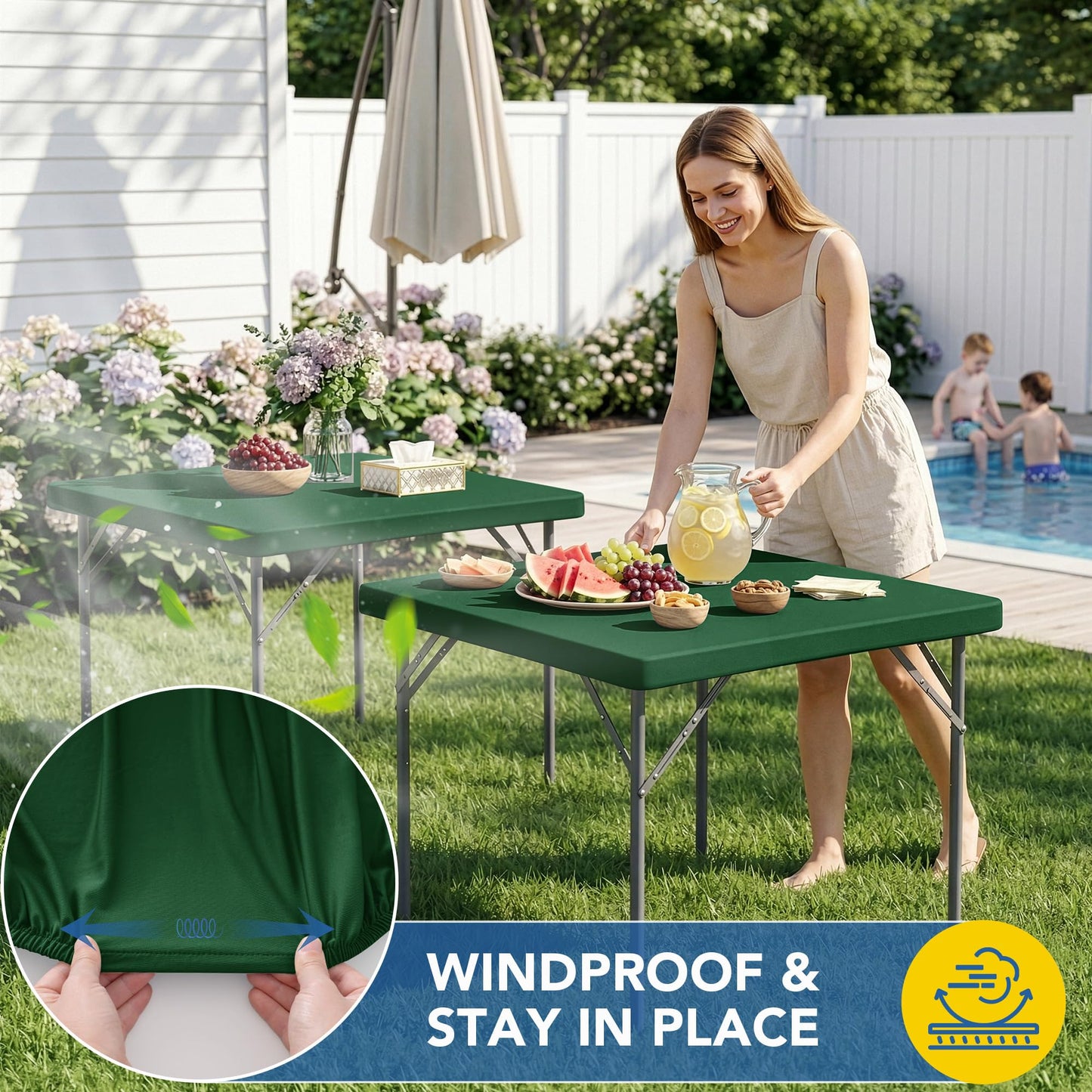 Enjoyidea Square Fitted Tablecloth 34x34 Inch-2 Pack Hunter Green Card Elastic Spandex Table Cover-Small Stretch Christmas Table Cloths Topper Cap for Kitchen Dining Picnic Patio Outdoor Party Tables