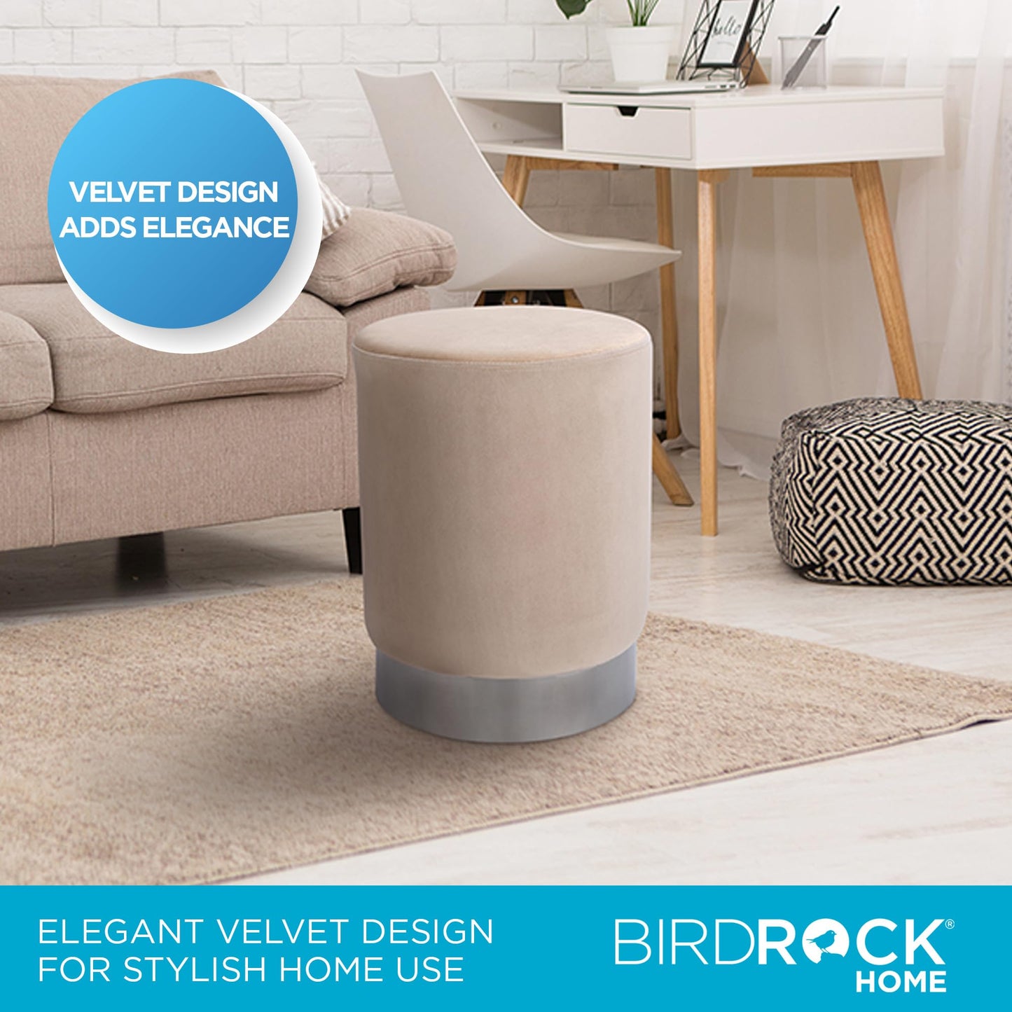 BIRDROCK HOME Round Ottoman Foot Stool – Modern Soft Padded Velvet Vanity Chair with Silver Metal Trim – Accent Chair or Foot Rest for Living Room, Bedroom, or Dressing Room (Taupe)