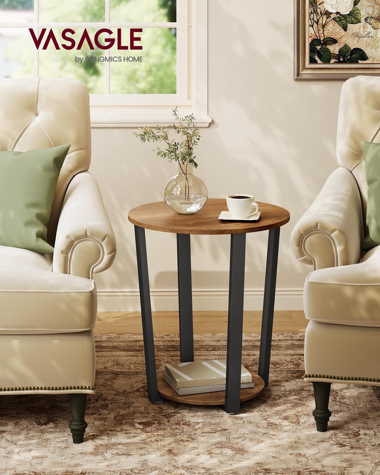 VASAGLE Round Side End Table, 2-Tier Accent Bedside Table with Storage Shelf, Easy Assembly, Nightstand for Small Spaces, Living Room, Bedroom, Honey Brown and Ink Black ULET057KB01S