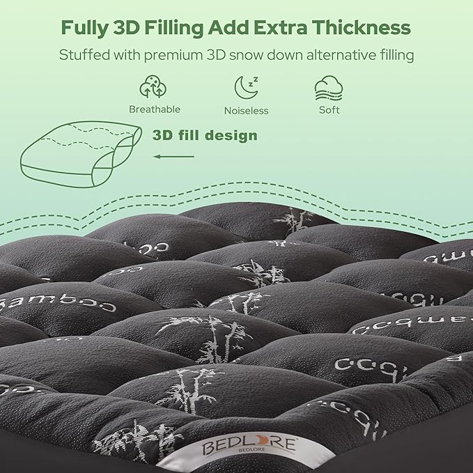 BEDLORE Twin Mattress Topper Viscose Derived from Bamboo, Thick Pillow Top