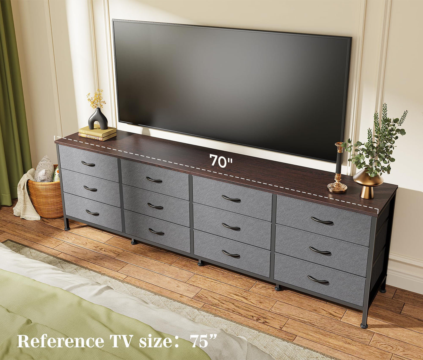 Huuger 70 Inch Dresser for Bedroom, TV Stand for 65, 75, 80 Inch TV, 12 Drawer Long Dresser, Large Storage Organizer Unit, Wide Chest of Drawer with Storage, Fabric Drawer for Living Room, Dark Grey