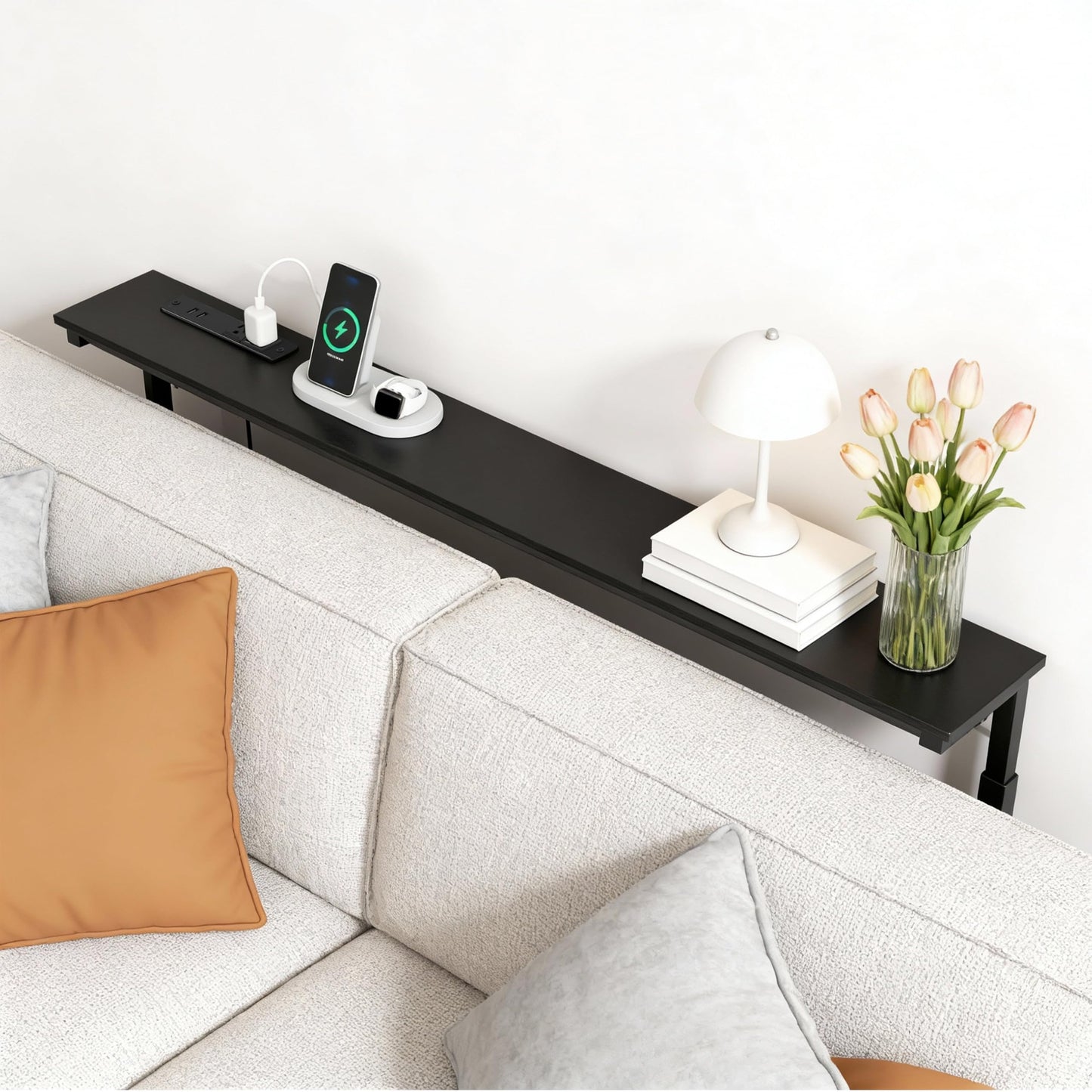 GRLEAF 35" Adjustable Height Narrow Console Table with Power Outlets, Long Sofa Table with Charging Station Behind Couch Table Skinny Entryway Table for Living Room, Hallway and Office – Black