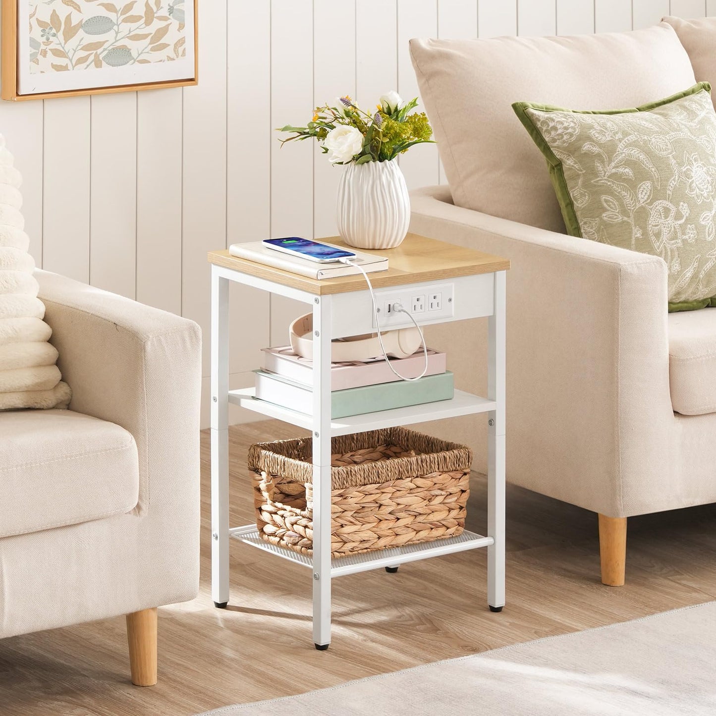 HOOBRO Side Table with Charging Station and USB Port, Small End Table for Small Space, 3-Tier Nightstand with Adjustable Shelf, for Living Room, Bedroom, Natural and White WN112BZ01