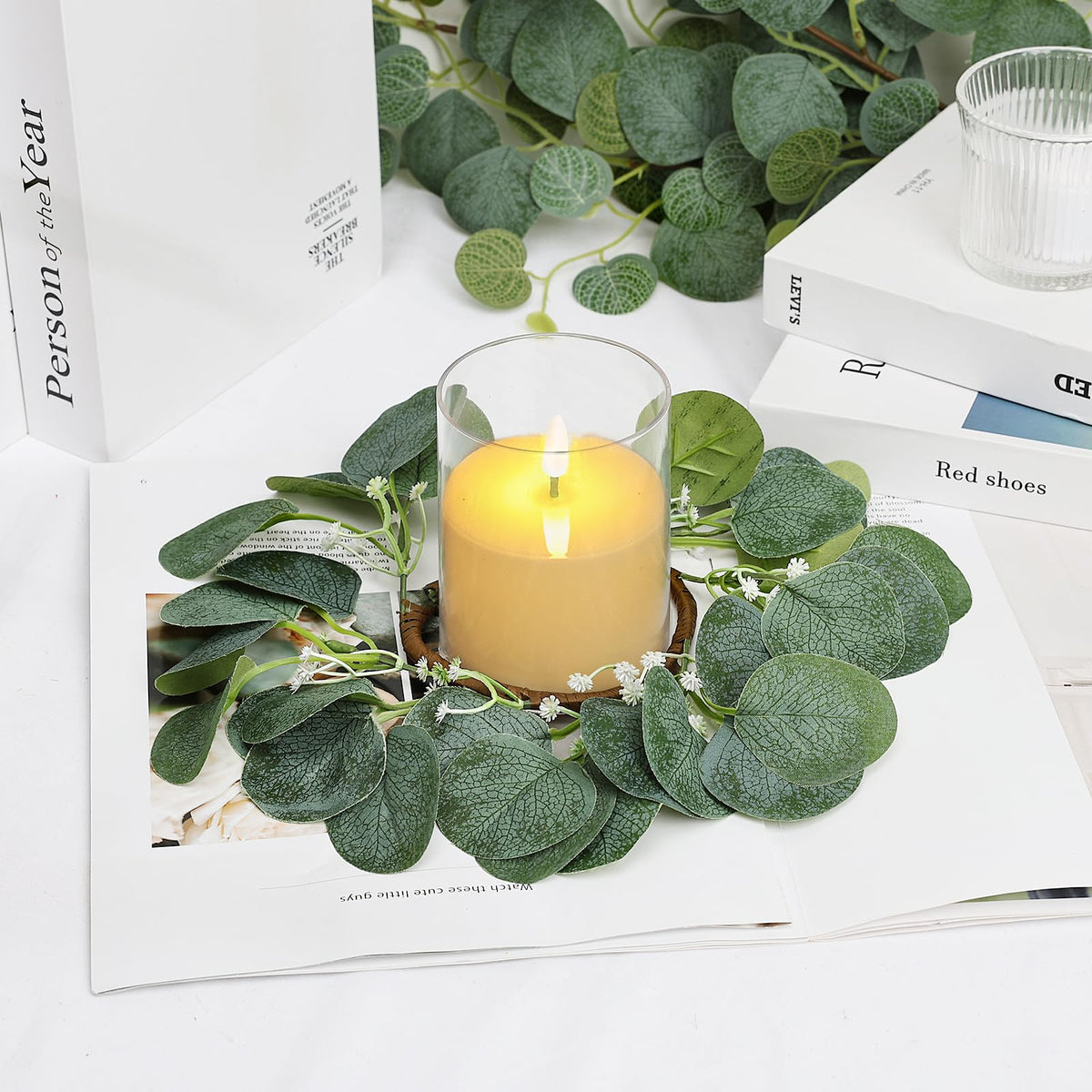 Tobilu 4 Pcs Candle Rings Wreaths with LED Candles - Eucalyptus Candle Rings Greenery Artificial Eucalyptus Leaves Pillar Holder for Wedding Centerpieces Home Table Party Decor