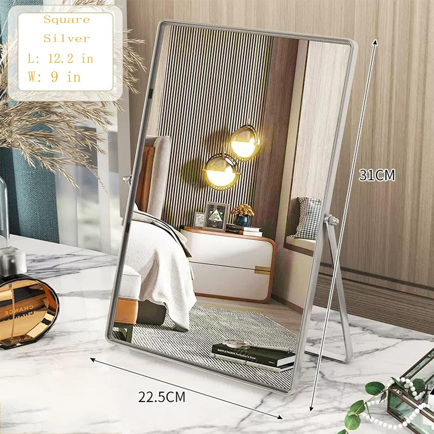 Numjeg Makeup Vanity Mirror Portable Desktop Mirror with Metal Stand Adjustable 90° Rotation Desk Mirrors for Dressing Room,Bedroom, Bathroom,Tabletop,Square Silver