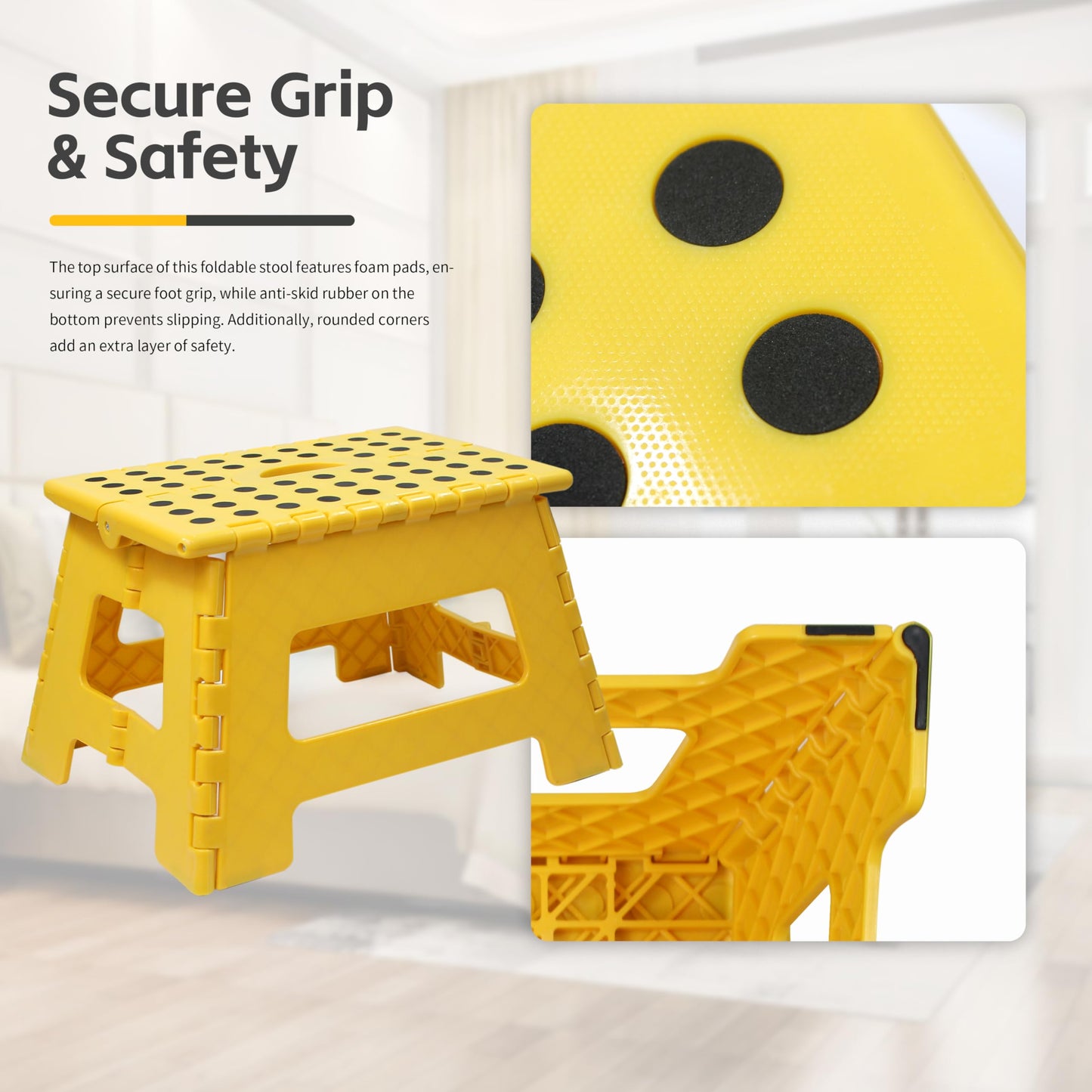 MaxWorks 51249 Folding Step Stool, 9 Inch Height, 330 lb Capacity, Heavy Duty Plastic Foldable Stool for Home, Bathroom, Kitchen & Office, Lightweight Non-Slip Design, Yellow, 2 Pack