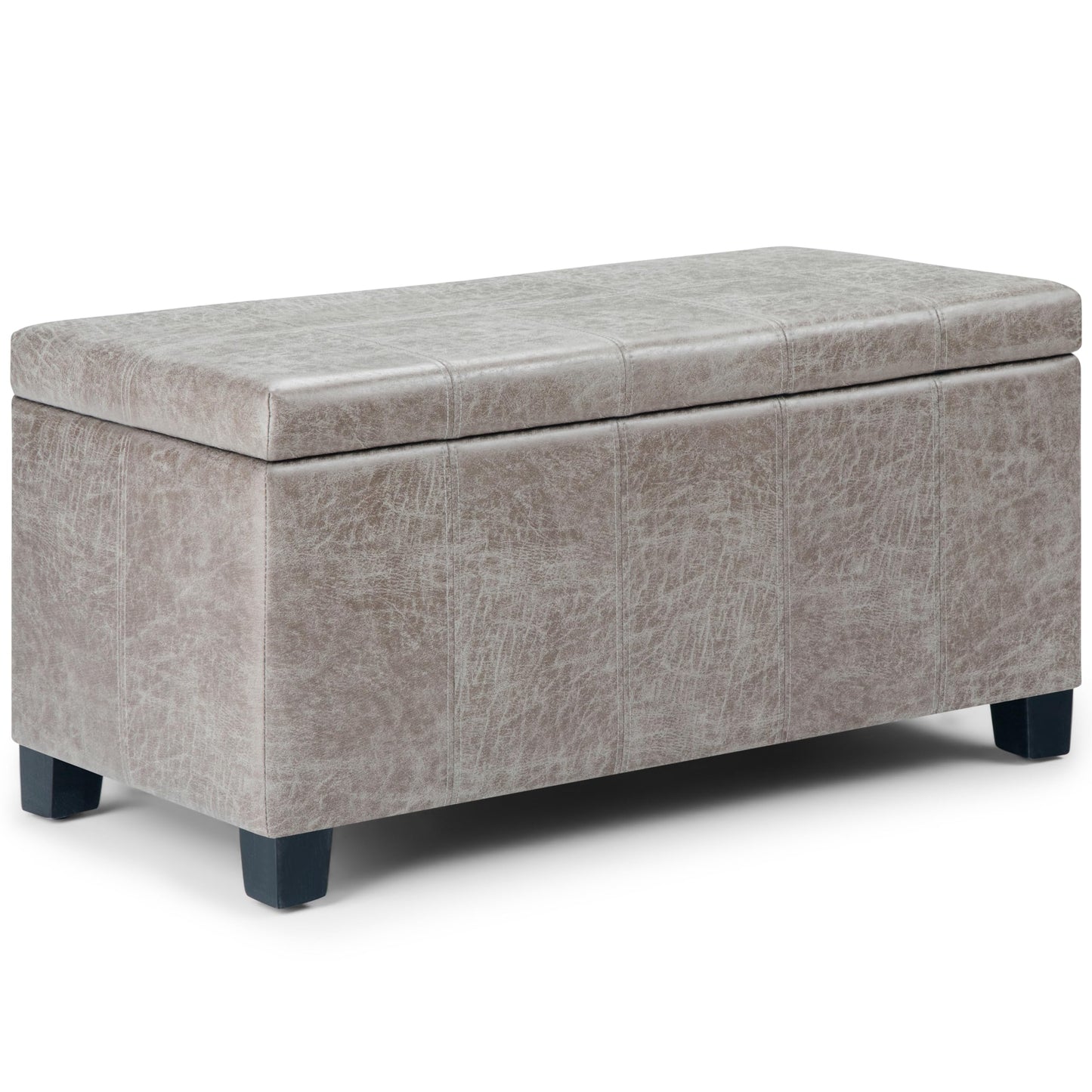 SIMPLIHOME Dover Storage Ottoman Bench - 36 inch Wide Upholstered Vegan Leather Rectangular Lift-Top Ottoman in Distressed Grey Taupe, Contemporary Bench for Living Room with Safety Hinges