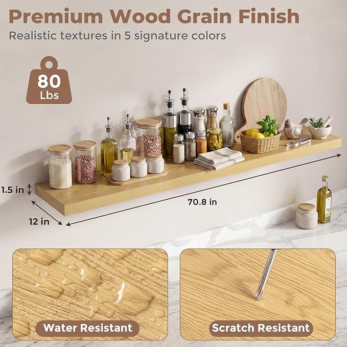 12 inch Deep Floating Shelves for Wall, 72 inch Wide Engineered Wood Wall